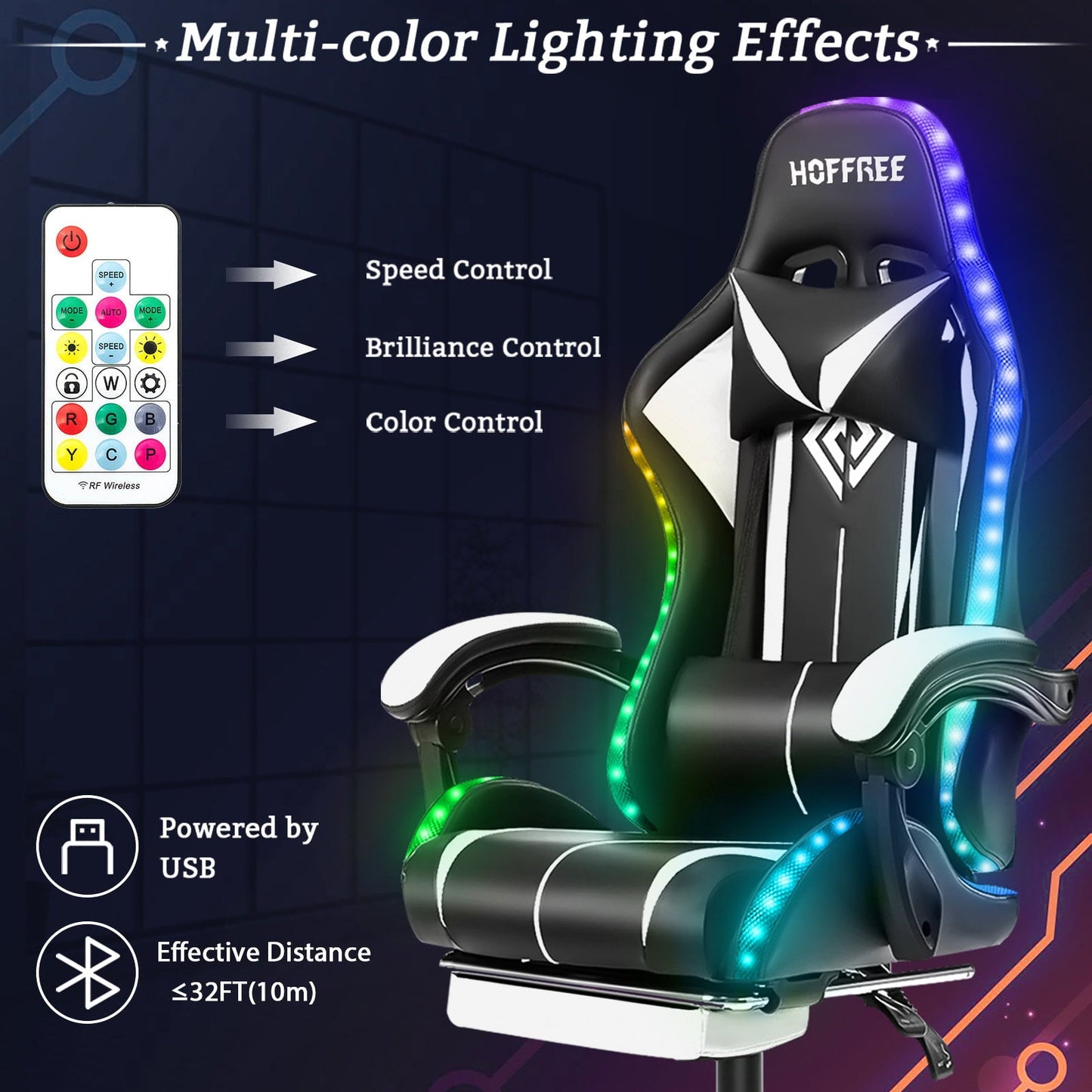 Gaming Chair with Bluetooth Speaker, Ergonomic Massage Racing Chair with RGB Lights, Footrest and Lumbar Support, High Back Office Chair, Heavy Duty Design Gaming Computer Chair