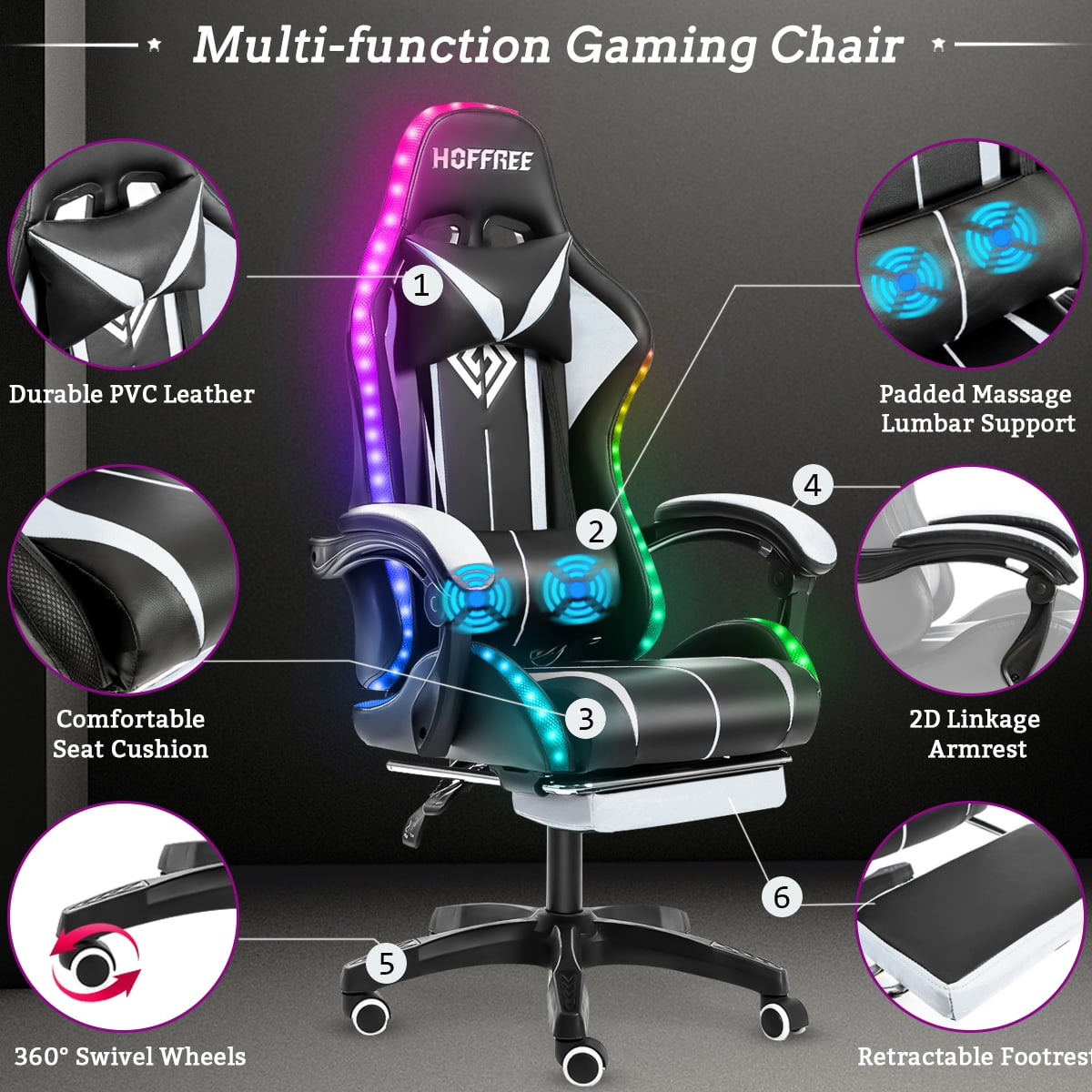 Gaming Chair with Bluetooth Speaker, Ergonomic Massage Racing Chair with RGB Lights, Footrest and Lumbar Support, High Back Office Chair, Heavy Duty Design Gaming Computer Chair