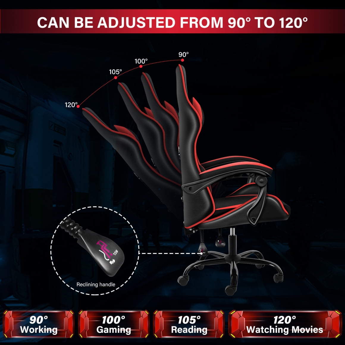Gaming Chair with Racing Video Backrest, Office Computer Chair, High Back Ergonomic Adjustable Swivel Chair with Headrest and Lumbar Support, 400lb Capacity, 19.50'L x 24.25'W x 48.25'H