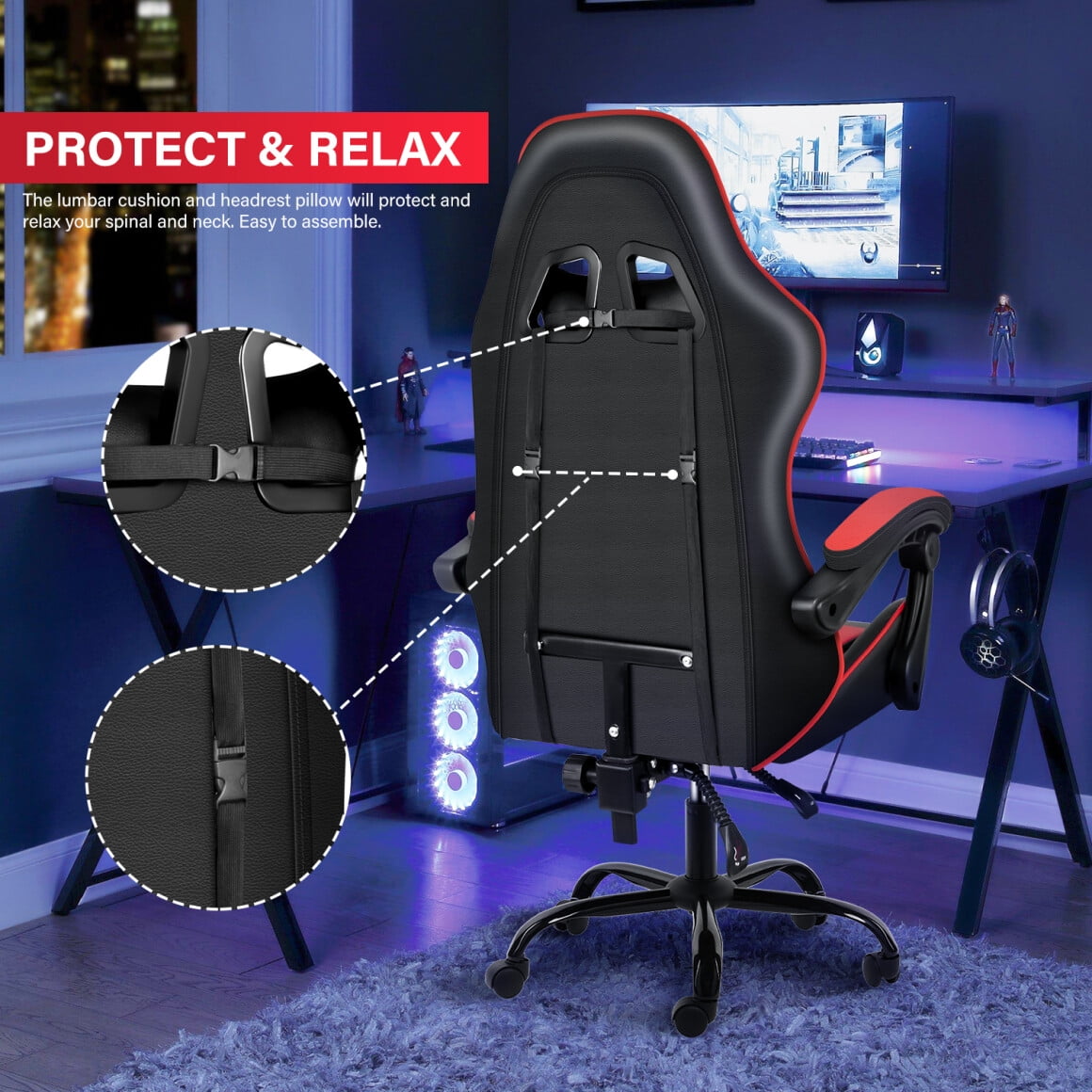 Gaming Chair with Racing Video Backrest, Office Computer Chair, High Back Ergonomic Adjustable Swivel Chair with Headrest and Lumbar Support, 400lb Capacity, 19.50'L x 24.25'W x 48.25'H