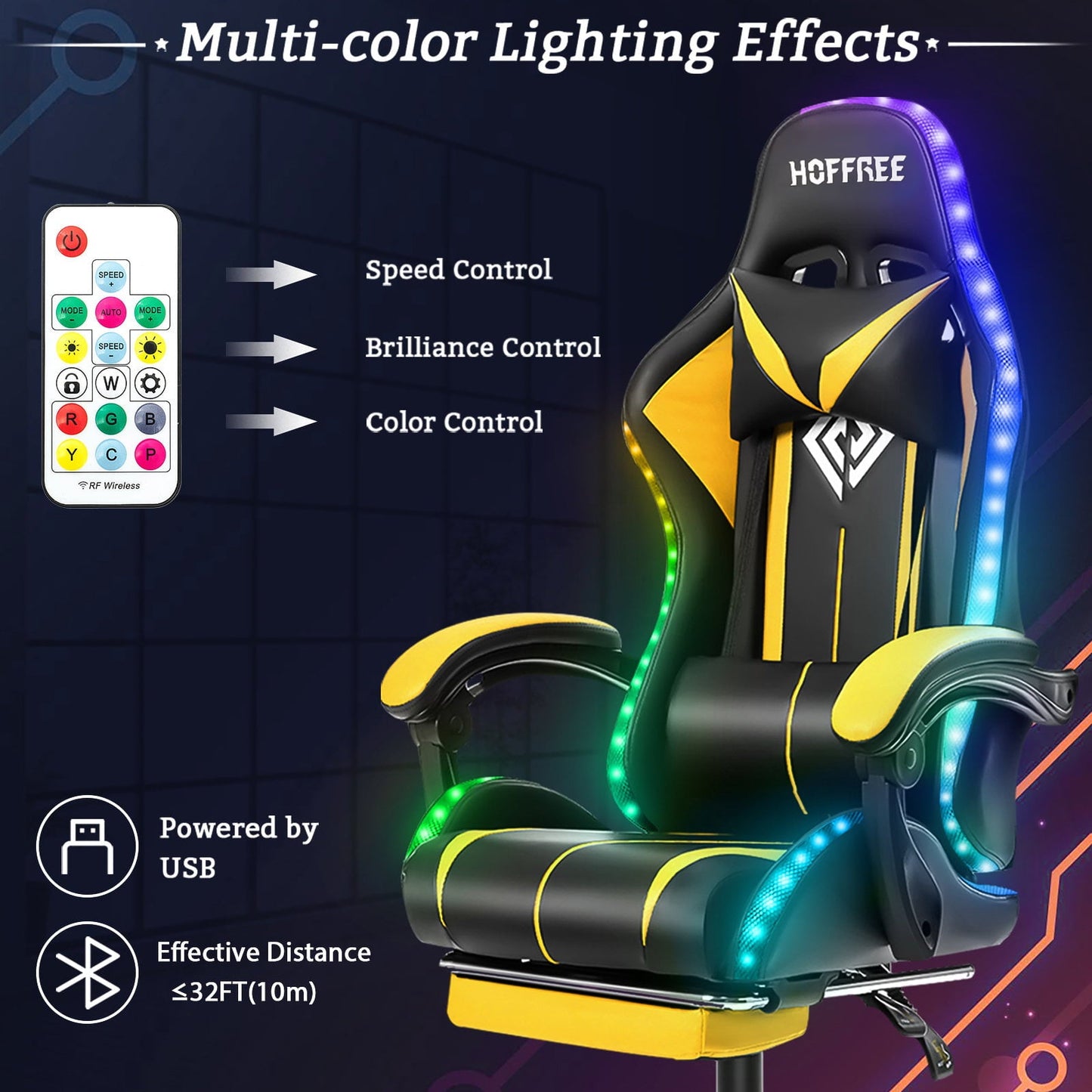 Gaming Chair with Bluetooth Speaker, Ergonomic Massage Racing Chair with RGB Lights, Footrest and Lumbar Support, High Back Office Chair, Heavy Duty Design Gaming Computer Chair