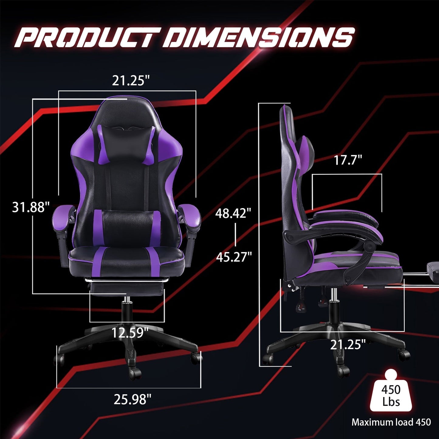 Ergonomic Gaming Chair with Footrest, PU Leather Video Game Chairs for Adults, Reclining Gamer Chair Office Chair with Lumbar Support, Comfortable Computer Chair for Heavy People, Purple