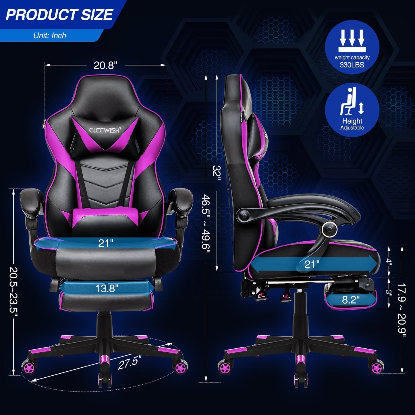 FULLWATT Video Gaming Chair Office Chair Ergonomic PC Computer Chair Reclining Racing Chair with High Back Swivel Executive Office Desk Chair with Extendable Footrest Adjustable Lumbar Pillow Puple