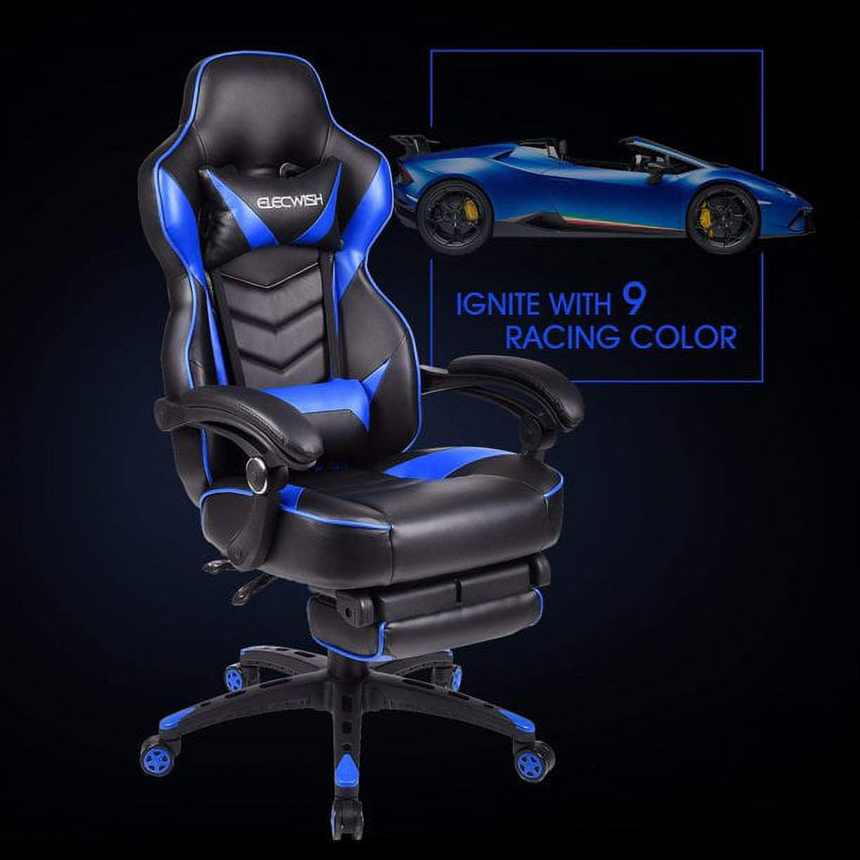 FULLWATT Racing Style Reclining Gaming Chair High Back Large Size Ergonomic Adjustable Swivel Computer Chair with Footrest Headrest and Lumbar Support PU Leather Executive Office Chair (Blue)
