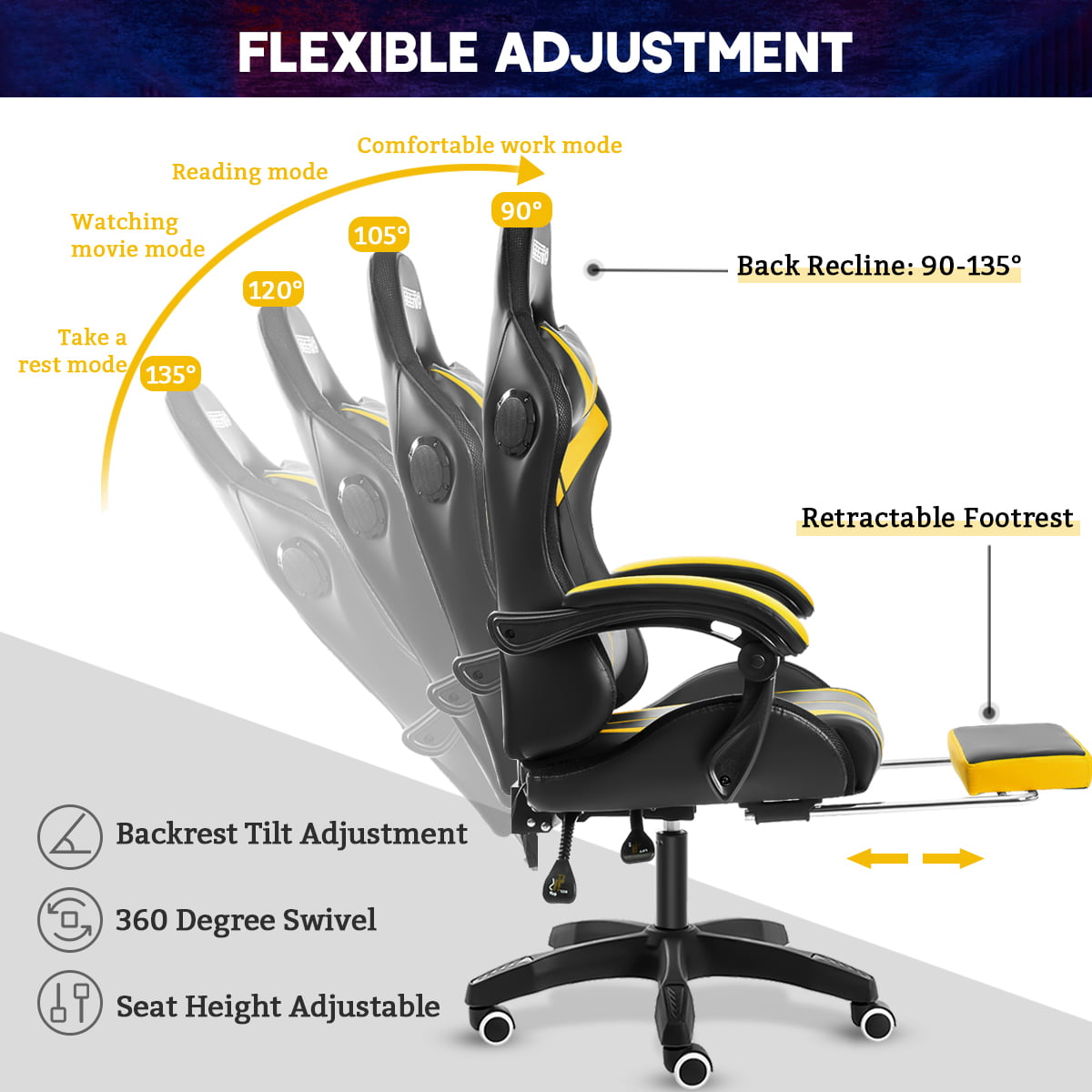 Gaming Chair with Bluetooth Speaker, Ergonomic Massage Racing Chair with RGB Lights, Footrest and Lumbar Support, High Back Office Chair, Heavy Duty Design Gaming Computer Chair