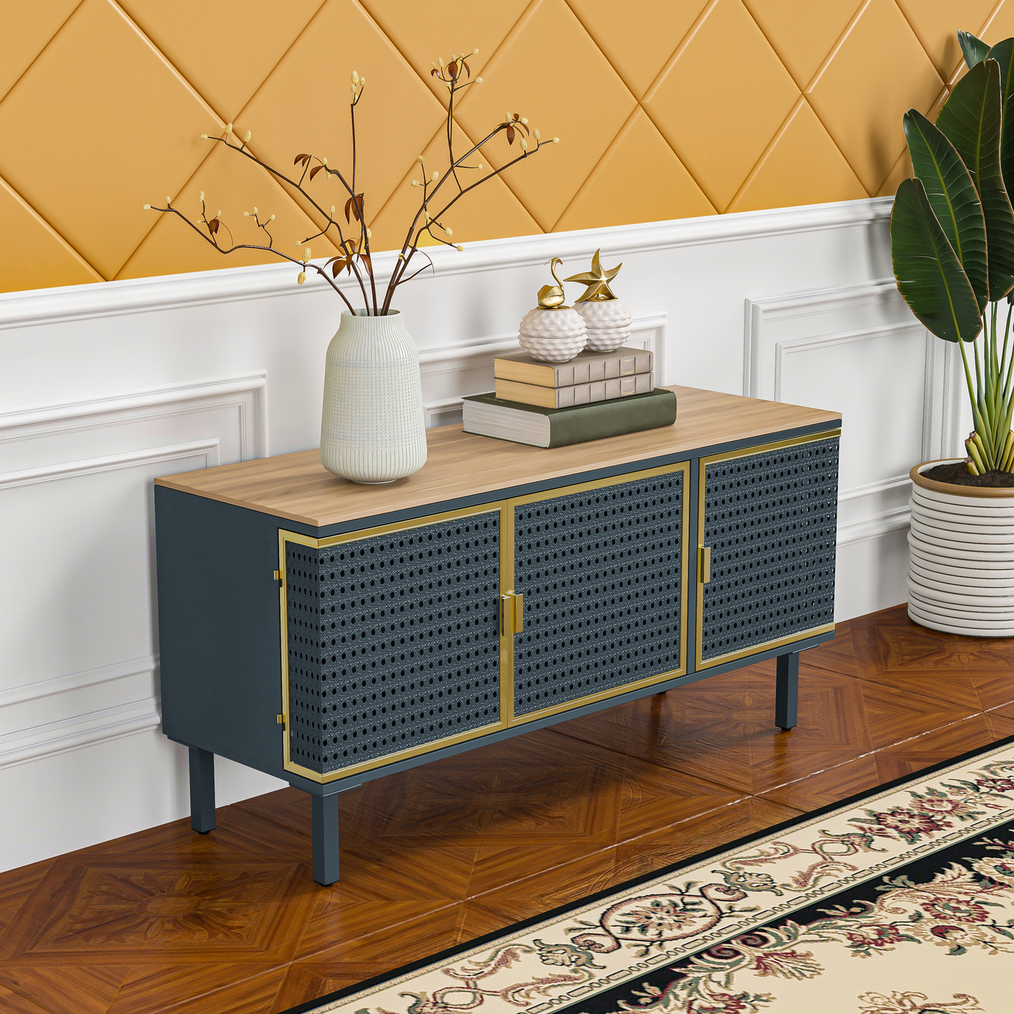 3 Cabinets TV Stand for Tvs up to 50", Modern Furniture Decor,Made with Iron + Carbonized Bamboo,Entertainment Center with Storage Cabinet, Media Console for Living Room,Easy Assembly