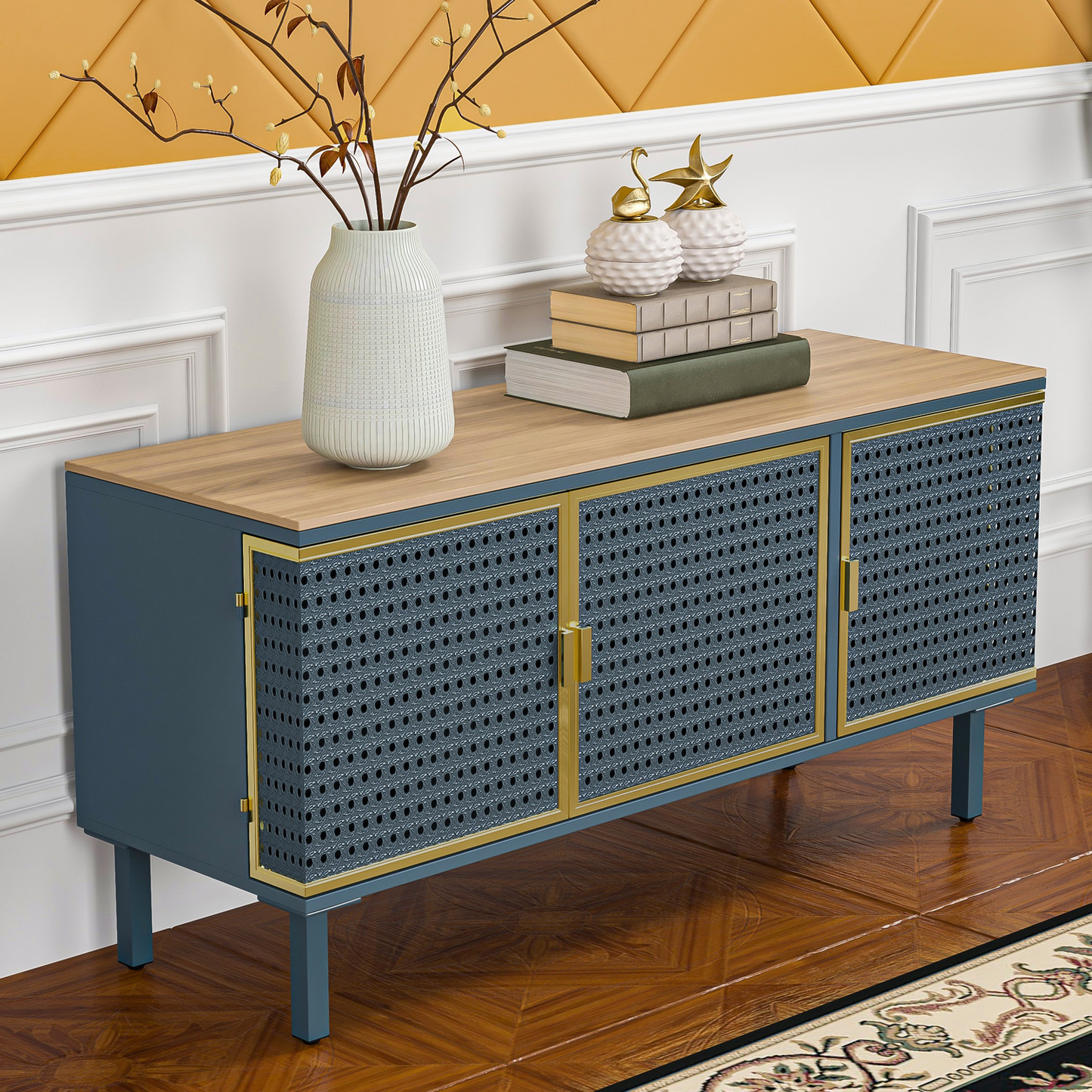 SYNGAR TV Stand with Storage Cabinet, Television Stands Entertainment Center with Shelves, Made of Iron and Carbonized Bamboo, Blue & Gray, LJ2797