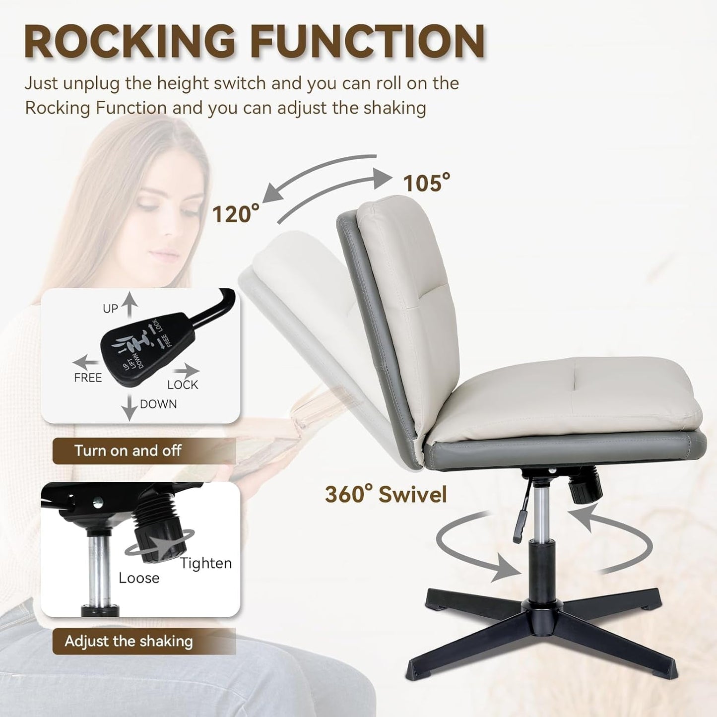 ELECWISH Armless Cross Legged Office Desk Chair No Wheels, PU Leather Cross Swivel Height Adjustable Mid Back Wide Seat Computer Task Vanity Chair for Home Office