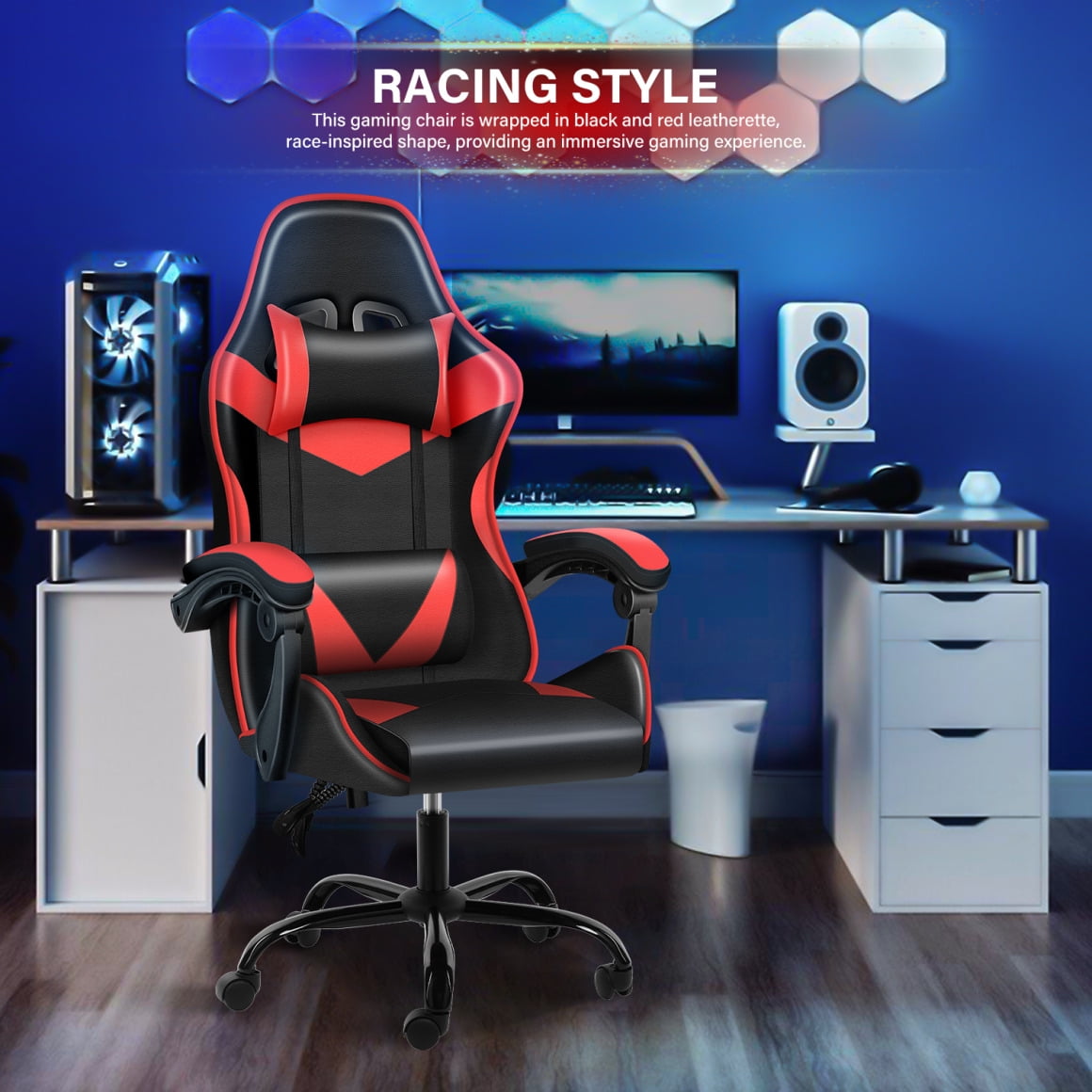 Gaming Chair with Racing Video Backrest, Office Computer Chair, High Back Ergonomic Adjustable Swivel Chair with Headrest and Lumbar Support, 400lb Capacity, 19.50'L x 24.25'W x 48.25'H