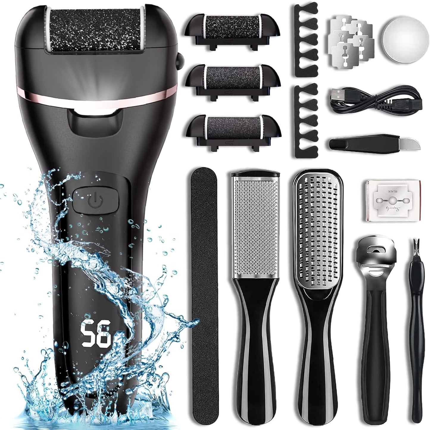 Electric Callus Remover for Feet with Rechargeable Waterproof 17 in 1 Professional Pedicure Kit with 3 Roller Heads 2 Speed Foot Care Tools Perfect for Dead Hard Cracked Dry Skin