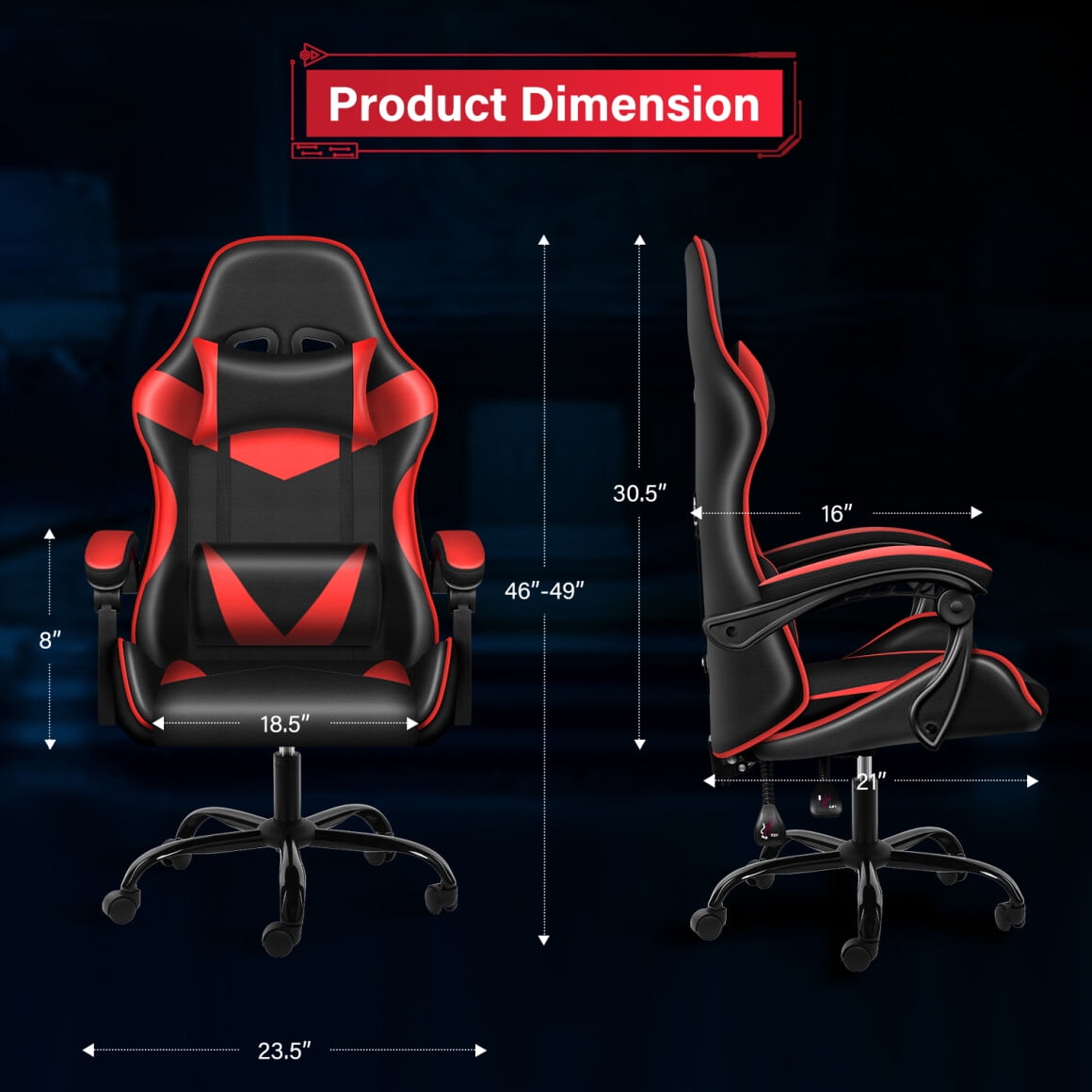 Gaming Chair with Racing Video Backrest, Office Computer Chair, High Back Ergonomic Adjustable Swivel Chair with Headrest and Lumbar Support, 400lb Capacity, 19.50'L x 24.25'W x 48.25'H
