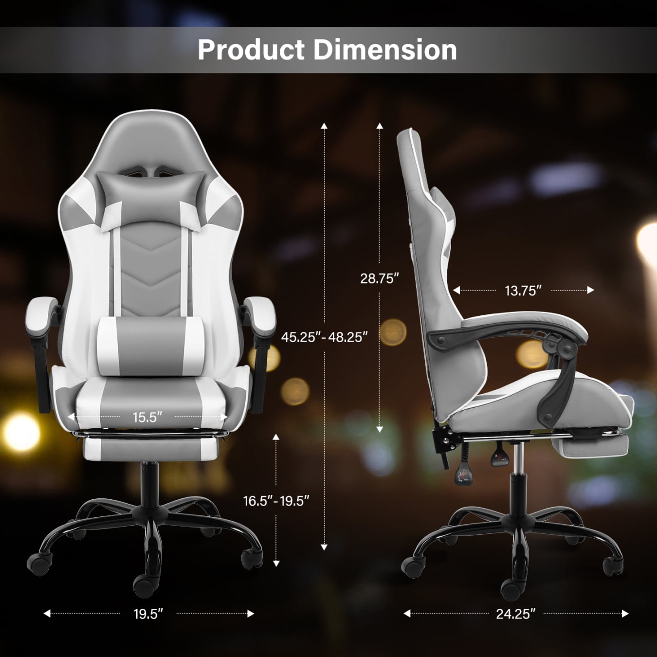 Gaming Chair with Racing Video Backrest, Office Computer Chair, High Back Ergonomic Adjustable Swivel Chair with Headrest and Lumbar Support, 400lb Capacity, 19.50'L x 24.25'W x 48.25'H