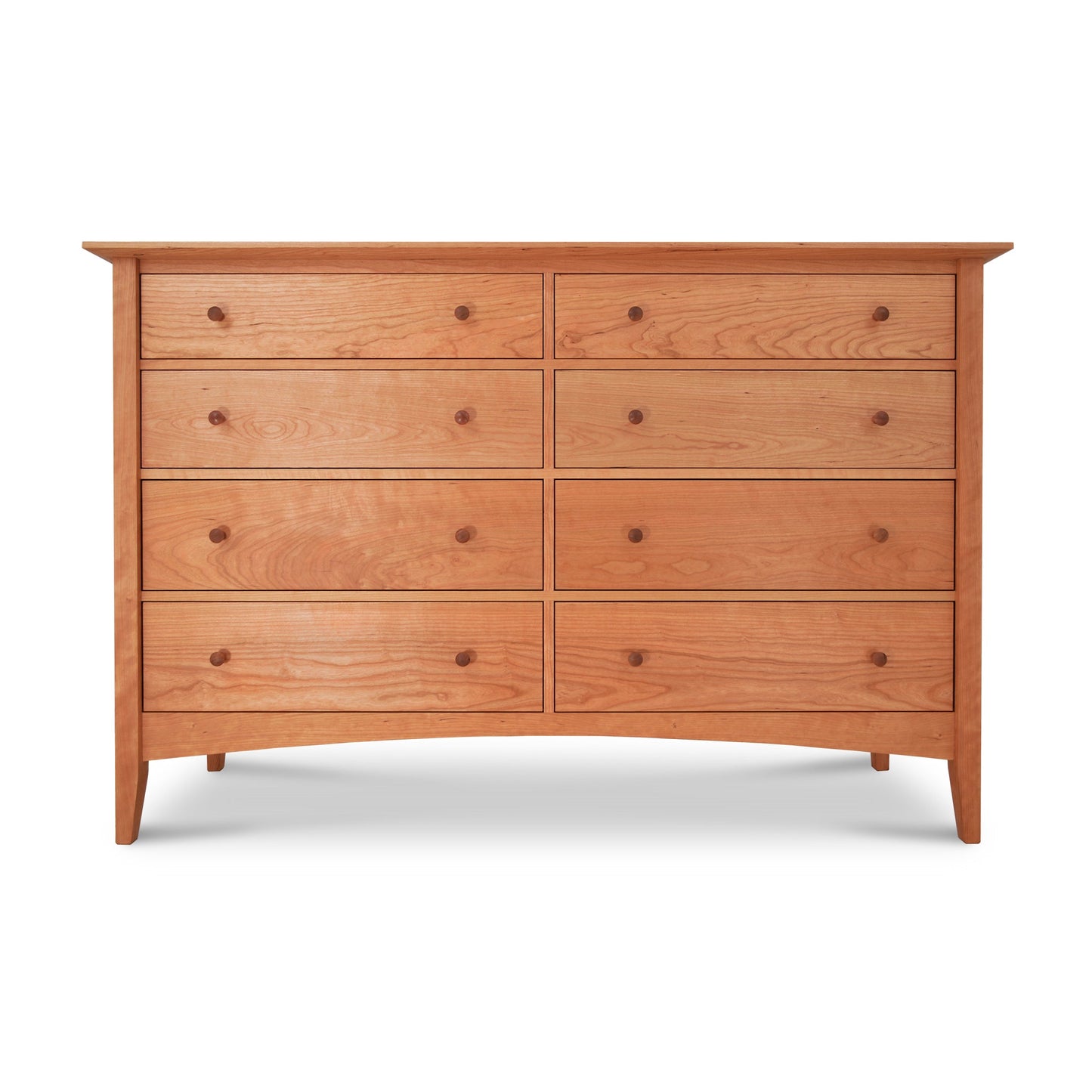 Â The Maple Corner Woodworks American Shaker 8-Drawer Dresser with round knobs, set against a plain white background. This solid wood dresser has a simple, traditional design with a natural wood finish.