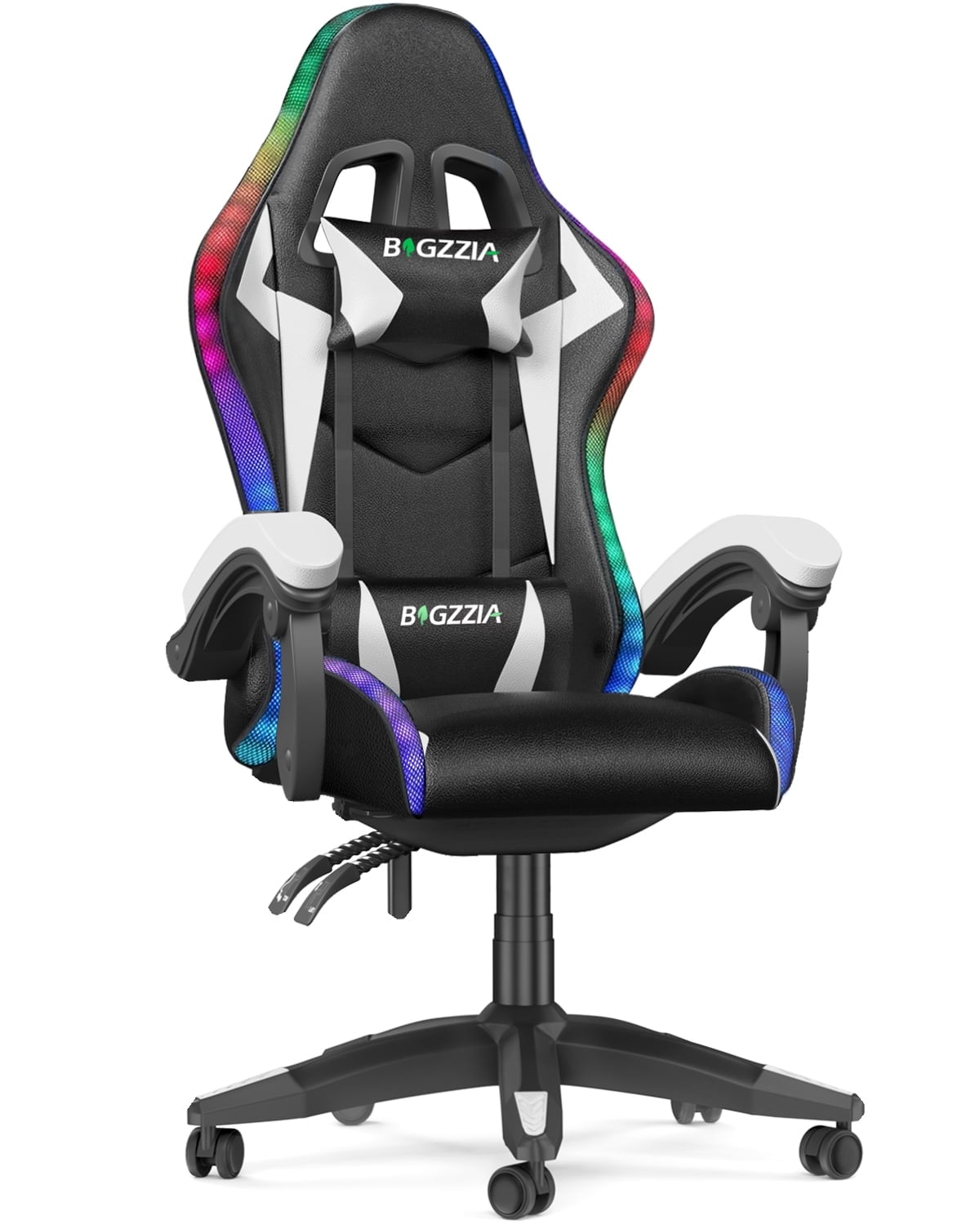 Bigzzia Gaming Chair with LED Lights, Adjustable Headrest & Lumbar Support, Height Adjustable, White