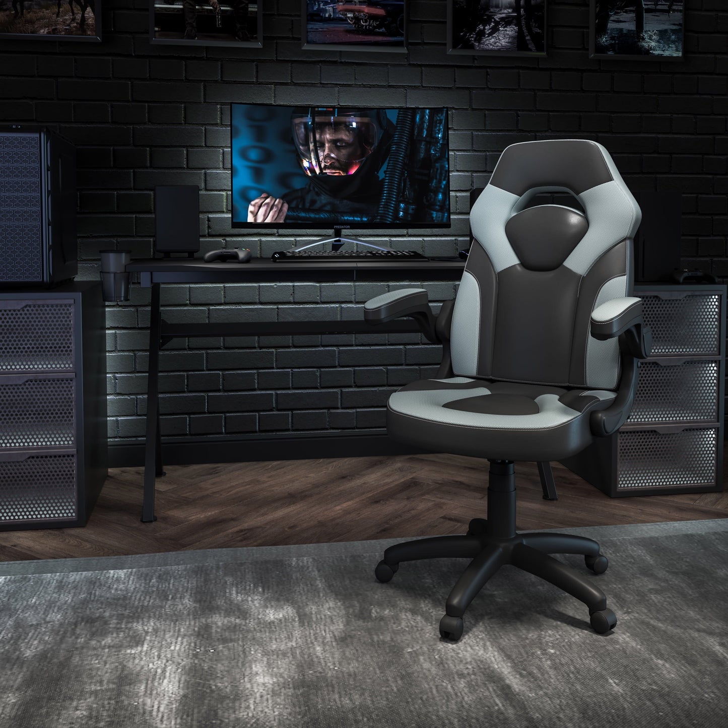 BizChair Gaming Chair Racing Office Ergonomic Computer PC Adjustable Swivel Chair with Flip-up Arms, Gray/Black LeatherSoft