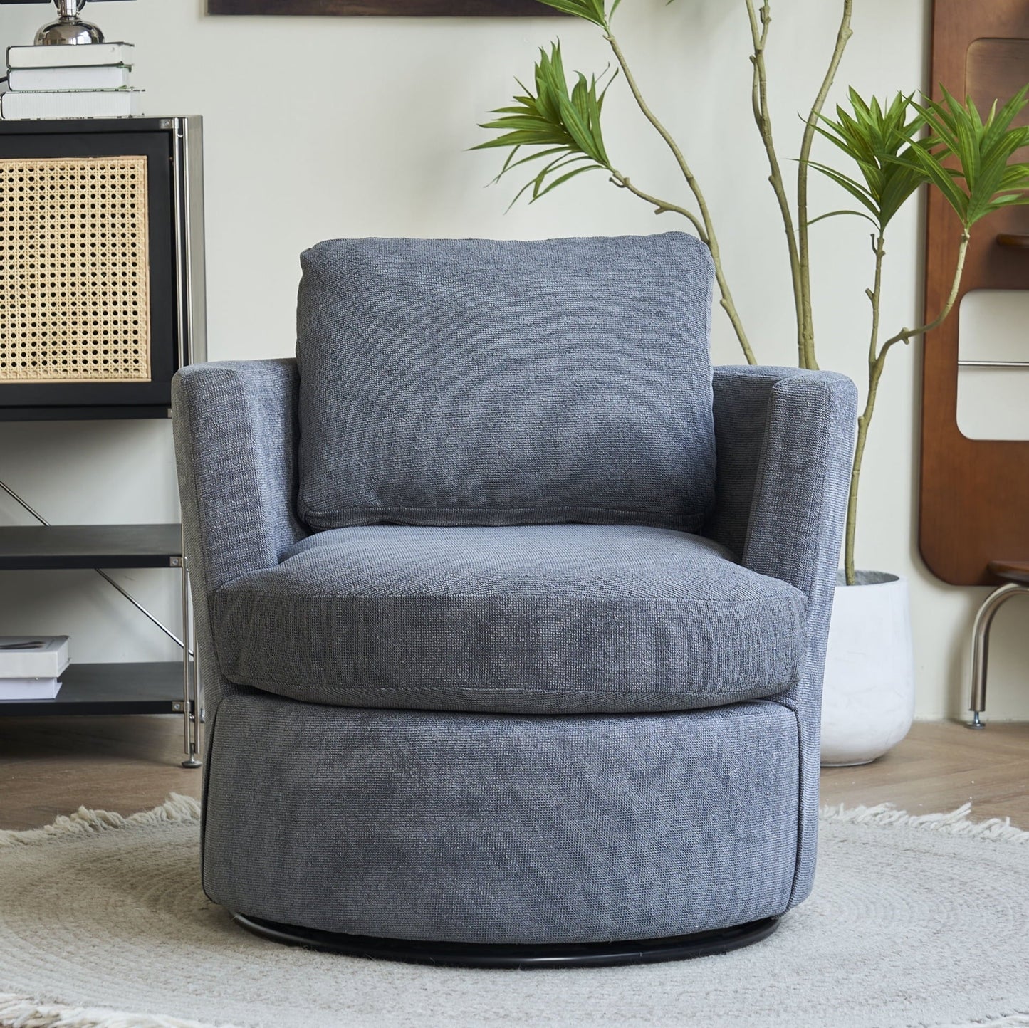 Comfy Round Accent Sofa Chair, 360 Degree Swivel Barrel Club Chair, Leisure Arm Chair for Nursery, Hotel, Bedroom, Office, and Lounge, Dark Gray