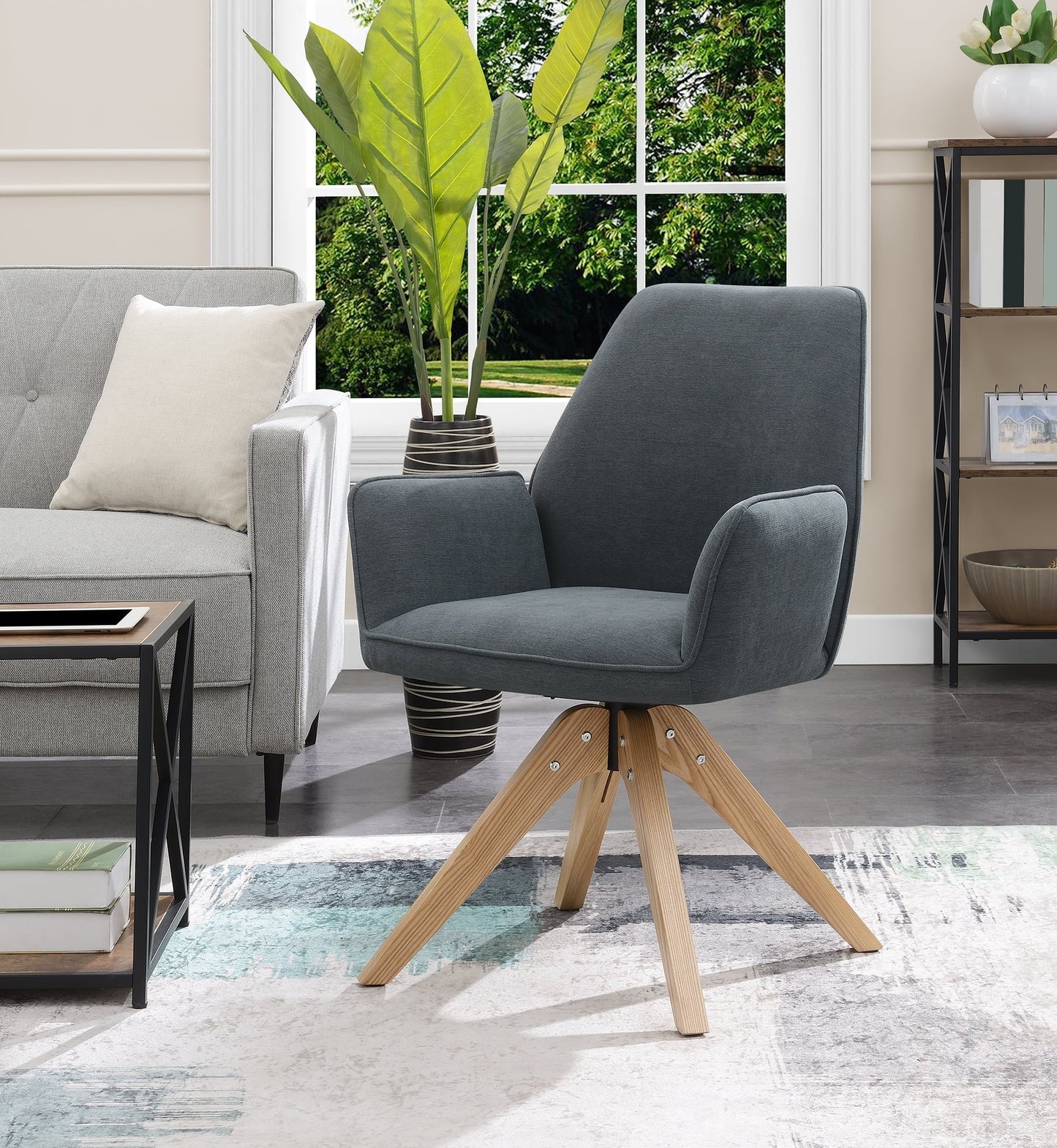 Convenience Concepts Take a Seat Miranda Swivel Accent Chair, Slate Gray Fabric/Natural Wood
