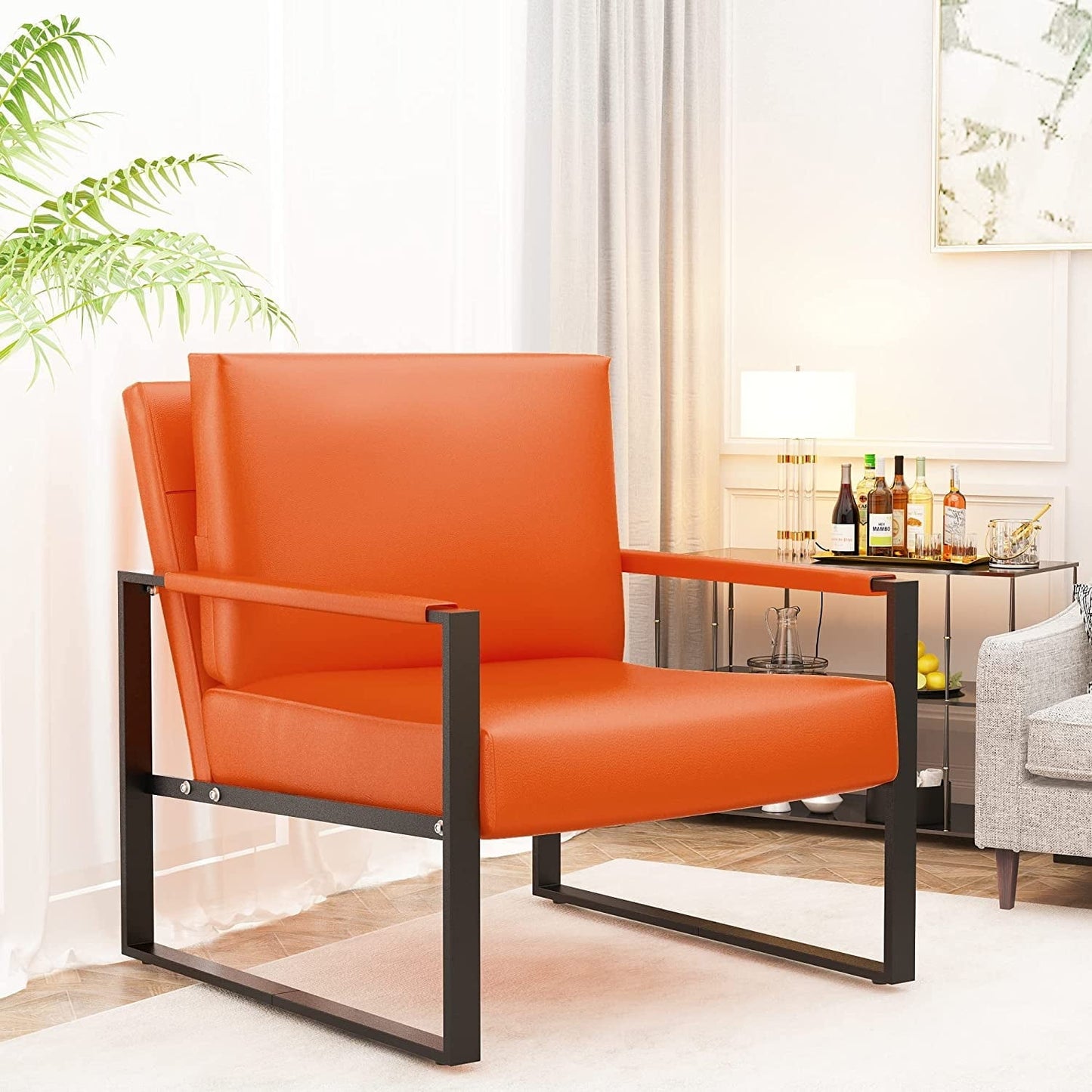 DKLGG Mid-Century Modern Accent Chair, 28 inch Metal Frame Sofa Chair, Modern Adults PU Leather Chairs with Armrests, Orange