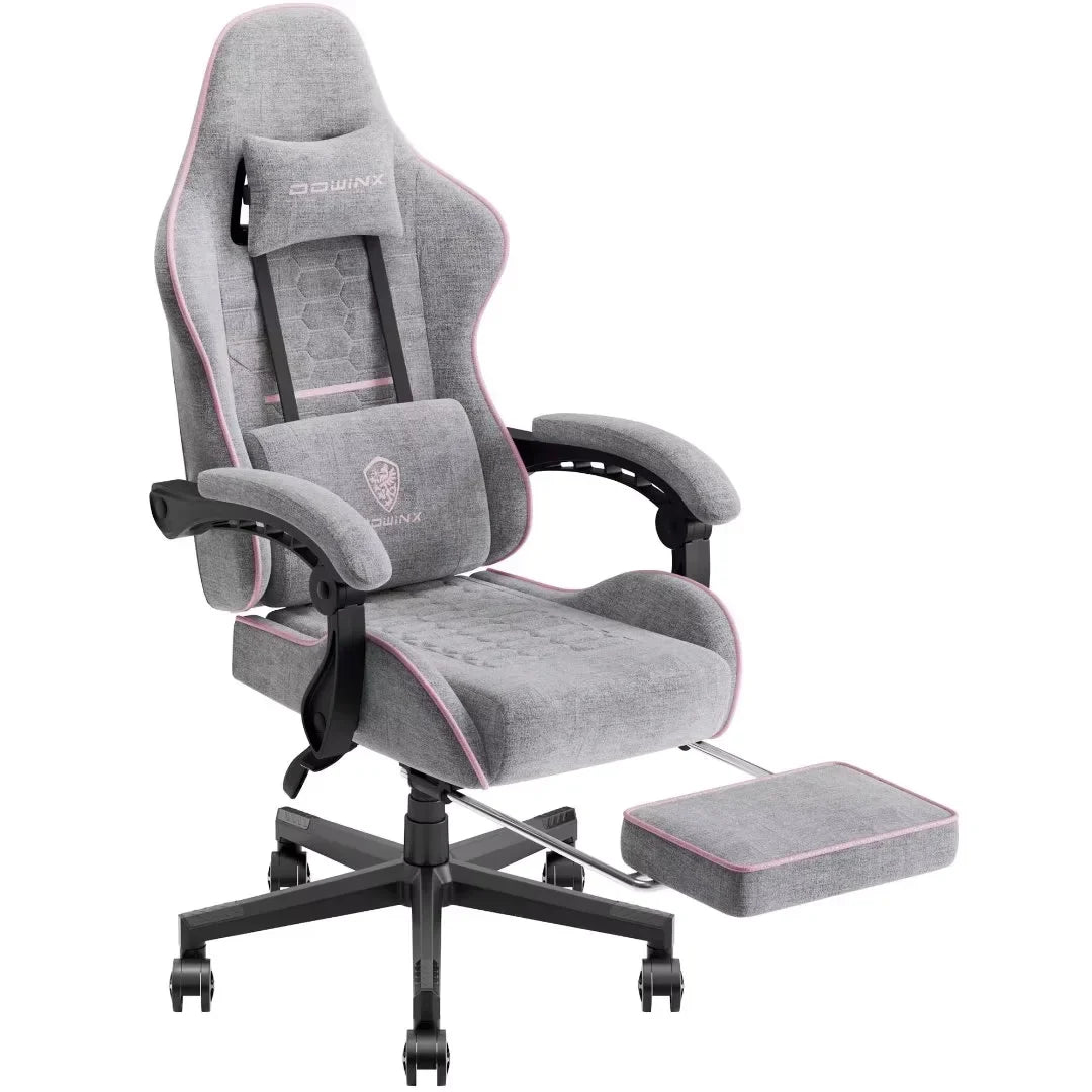 Dowinx Gaming Chair Fabric with Pocket Spring Cushion, Massage Game Chair Cloth with Headrest, Ergonomic Computer Chair with Footrest 290LBS, Pink and Grey