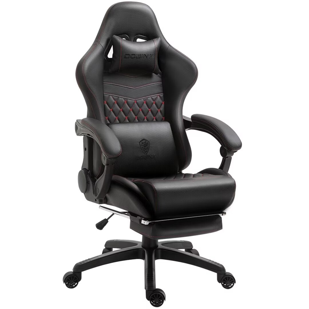 Dowinx Gaming/Office PC Chair with Massage Lumbar Support, Vintage Style PU Leather High Back Adjustable Swivel Task Chair with Footrest, Black and Red