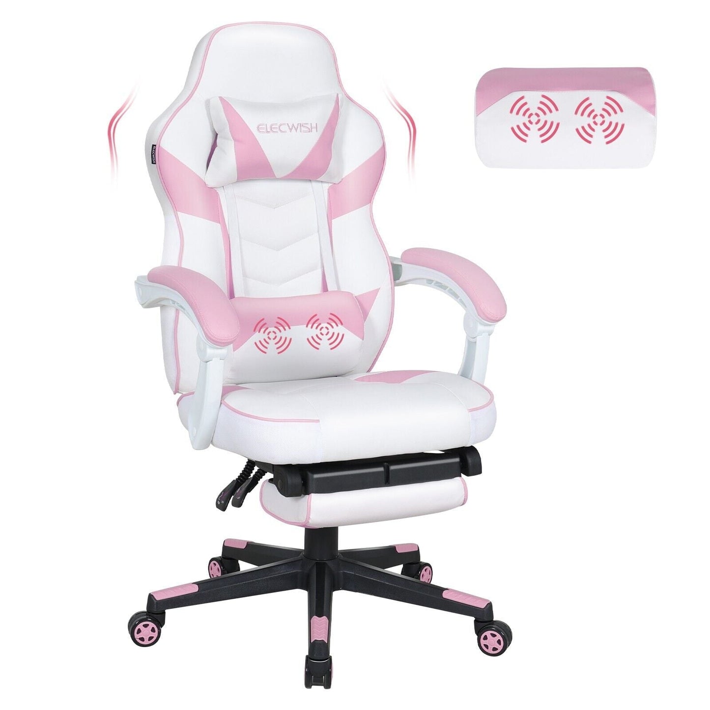 ELECWISH Racing Style Reclining Gaming Office Chair Ergonomic with Footrest and Massage Lumbar Pillow,Swivel Height Adjustable PU Leather Video Gaming Chair(Pink)
