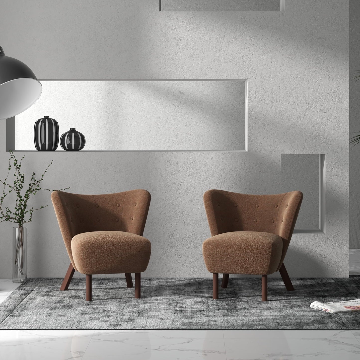 Ebello 34' Wide Adult Teddy Solid Color Tufted Wingback Chair with Solid Wood Leg, Brown (Set of 2)