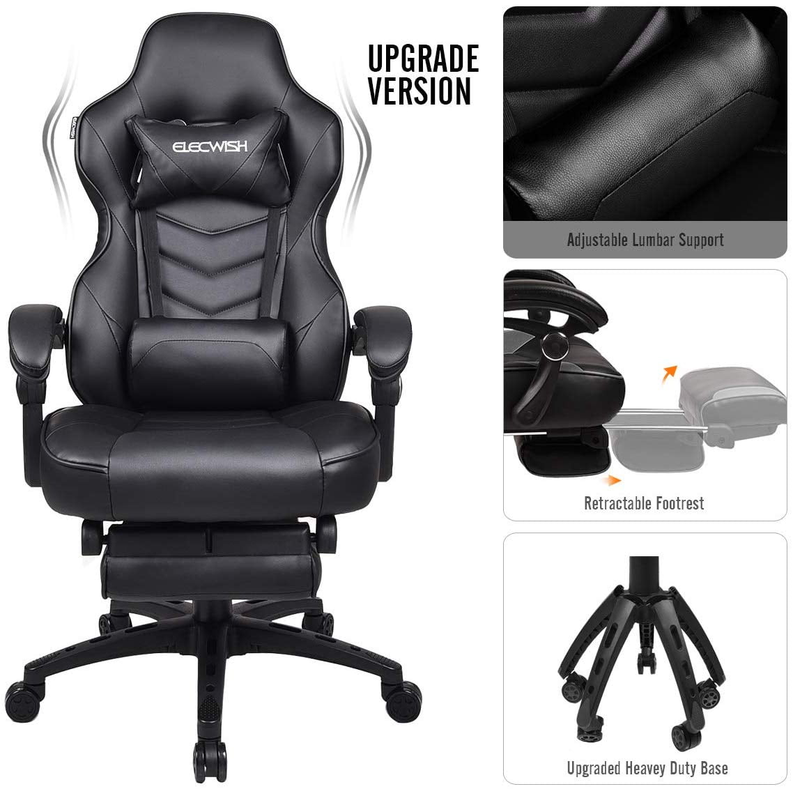 Elecwish Adjustable & Ergonomic Swivel Gaming Chair, Black