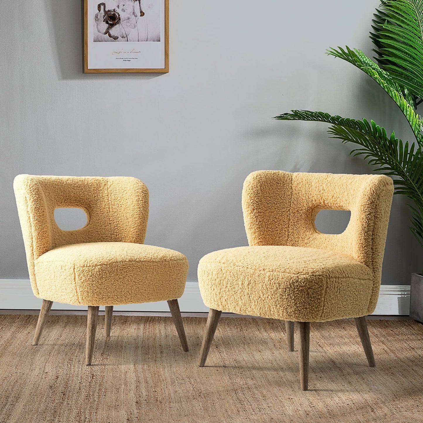 Fall Upholstered Sherpa Barrel Accent Chairs Set of 2 Cutout Back Armless Wooden Legs Home Bedroom Living Room Mustard