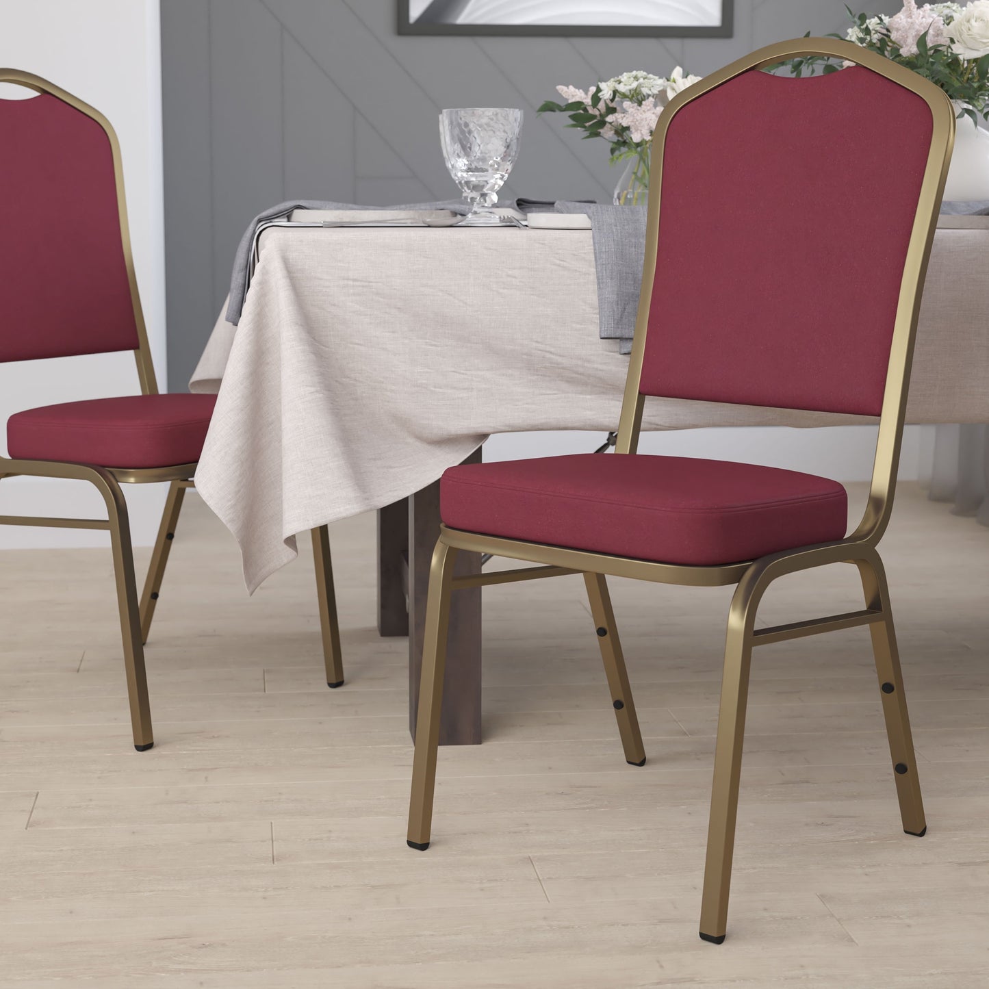 Flash Furniture HERCULES Series Crown Back Stacking Banquet Chair in Burgundy Fabric - Gold Frame
