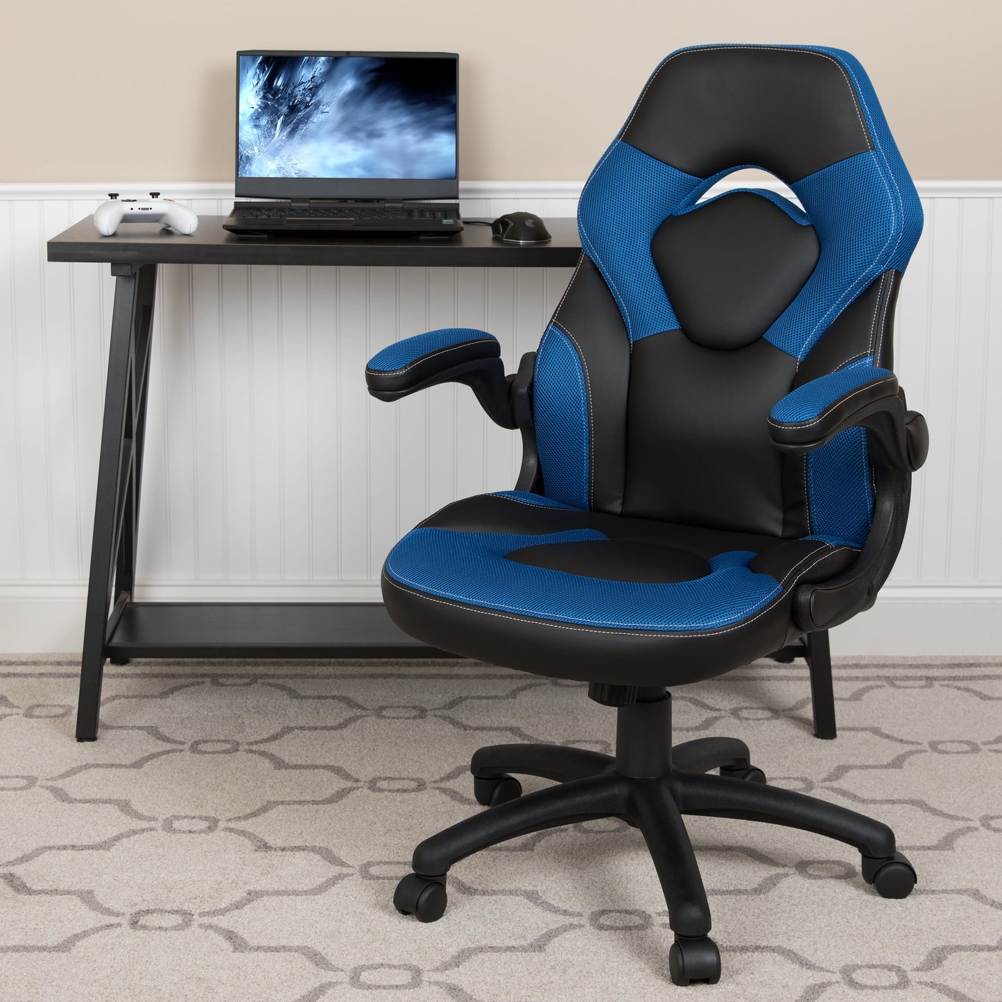 Flash Furniture X10 Gaming Chair Racing Office Ergonomic Computer PC Adjustable Swivel Chair with Flip-up Arms, Blue/Black LeatherSoft