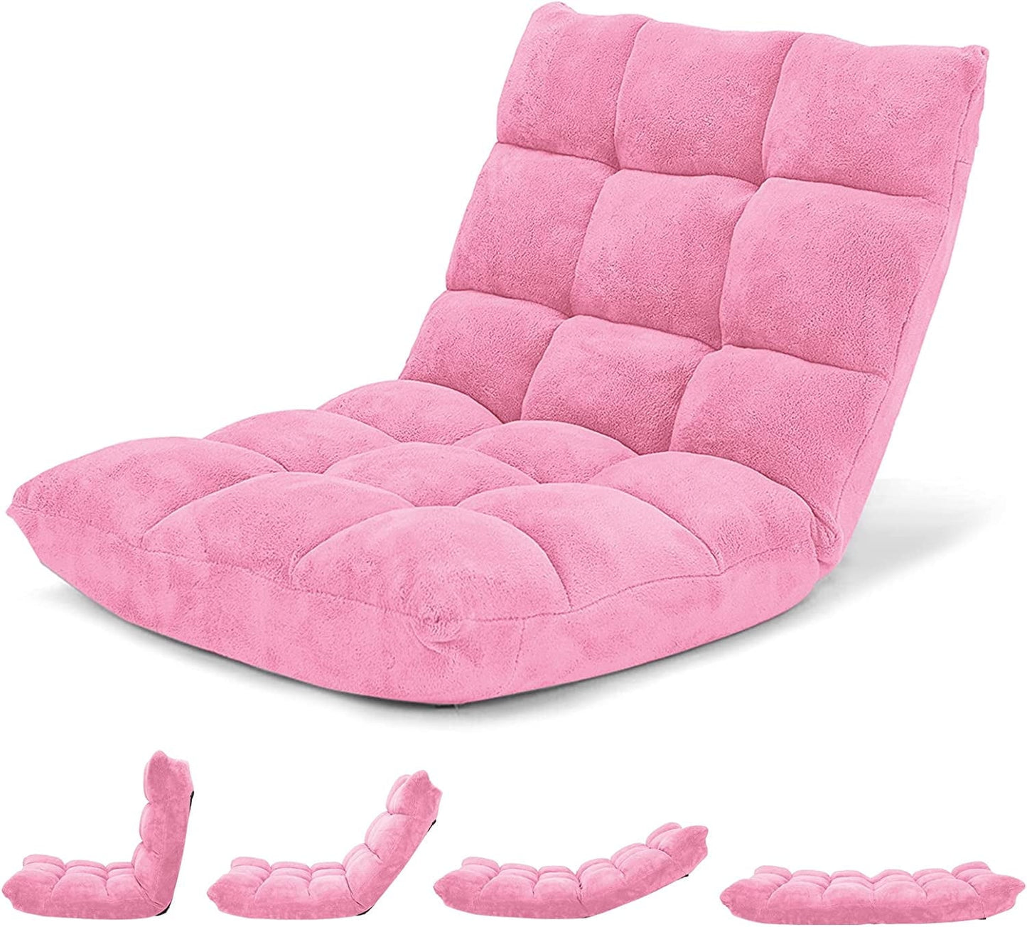 Floor Chair with Back Support, Folding Sofa Chair with 14 Adjustable Position, Padded Sleeper Bed, Couch Recliner, Floor Gaming Chair, Meditation Chair, Gaming Floor Chairs for Adults, Pink