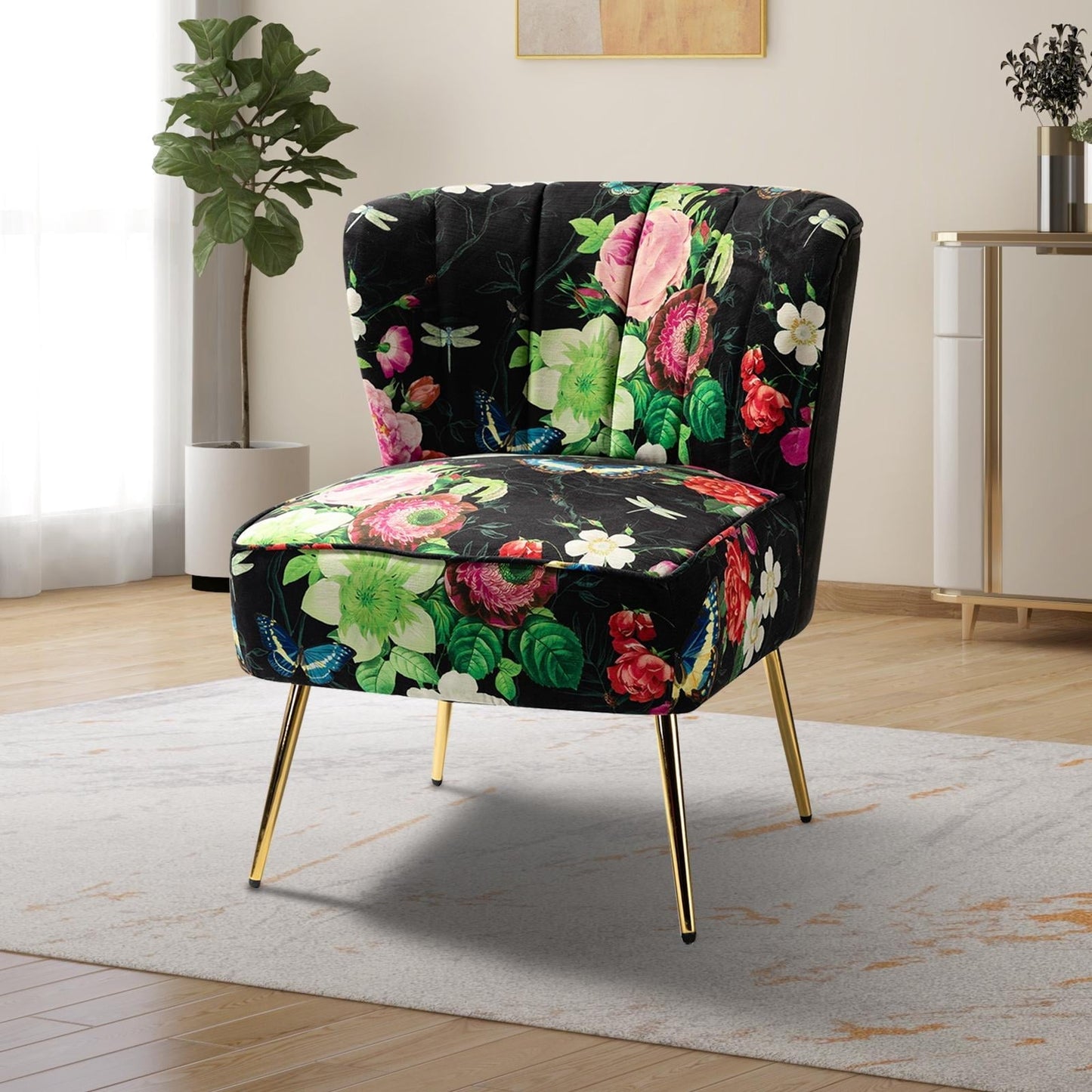 Floral Accent Chair Upholstered Wingback Sofa Tufted Back Golden Legs Flower Butterfly Dining Home Living Room Bedroom Black