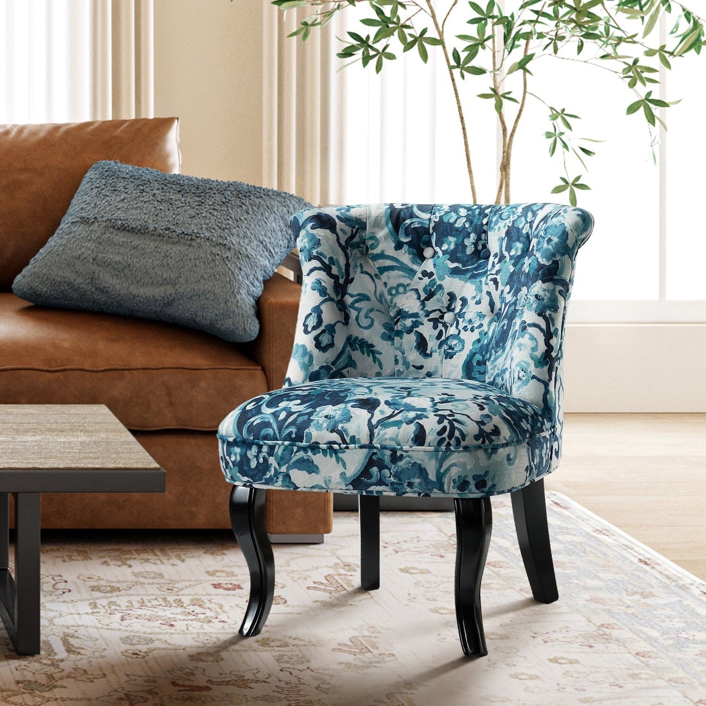 Floral Fabric Accent Chair Upholstered Makeup Vanity Table Button Single Sofa Wooden Legs Dining Bedroom Indigo