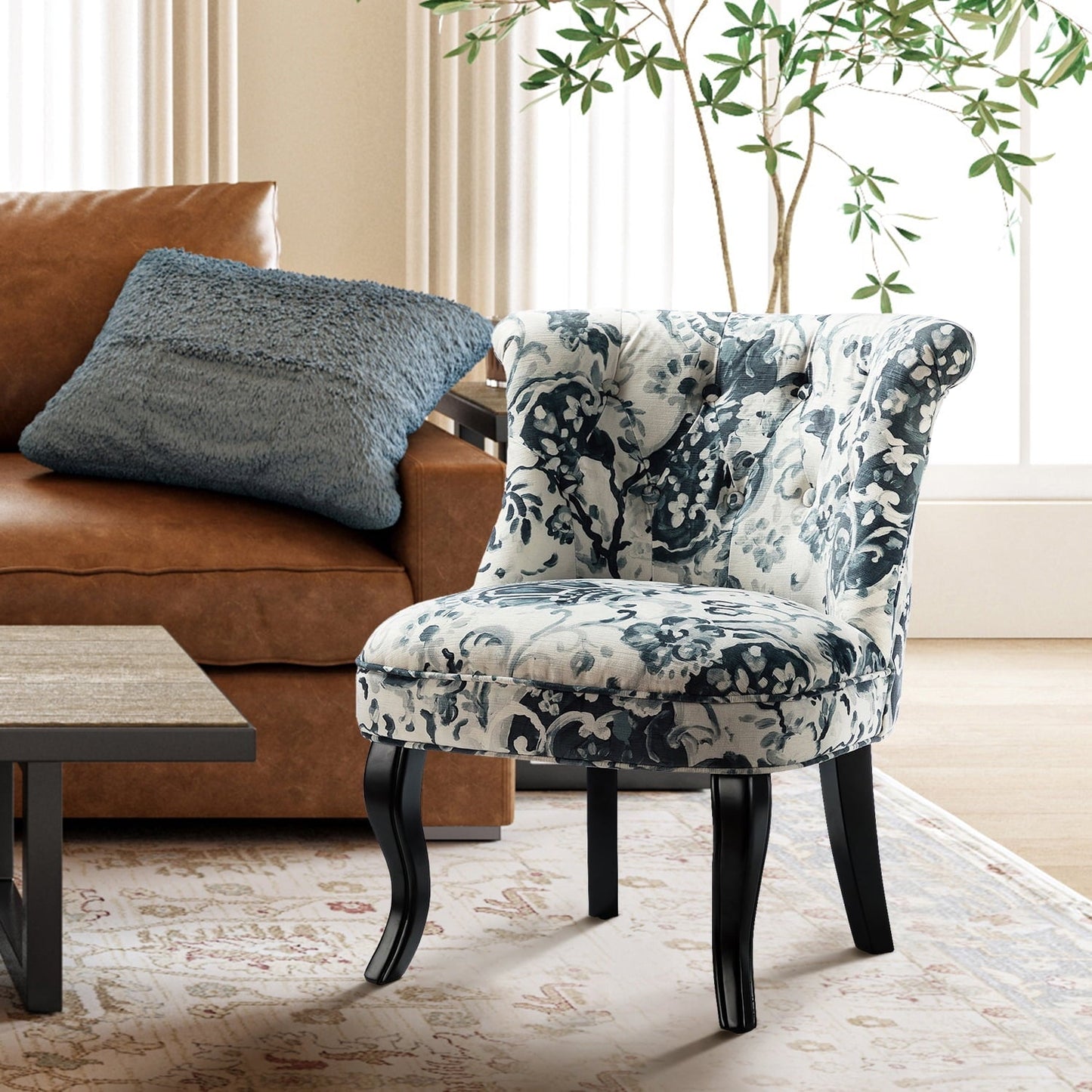 Floral Fabric Accent Chairs Upholstered Makeup Vanity Table Button Single Sofa Wooden Legs Dining Bedroom Green