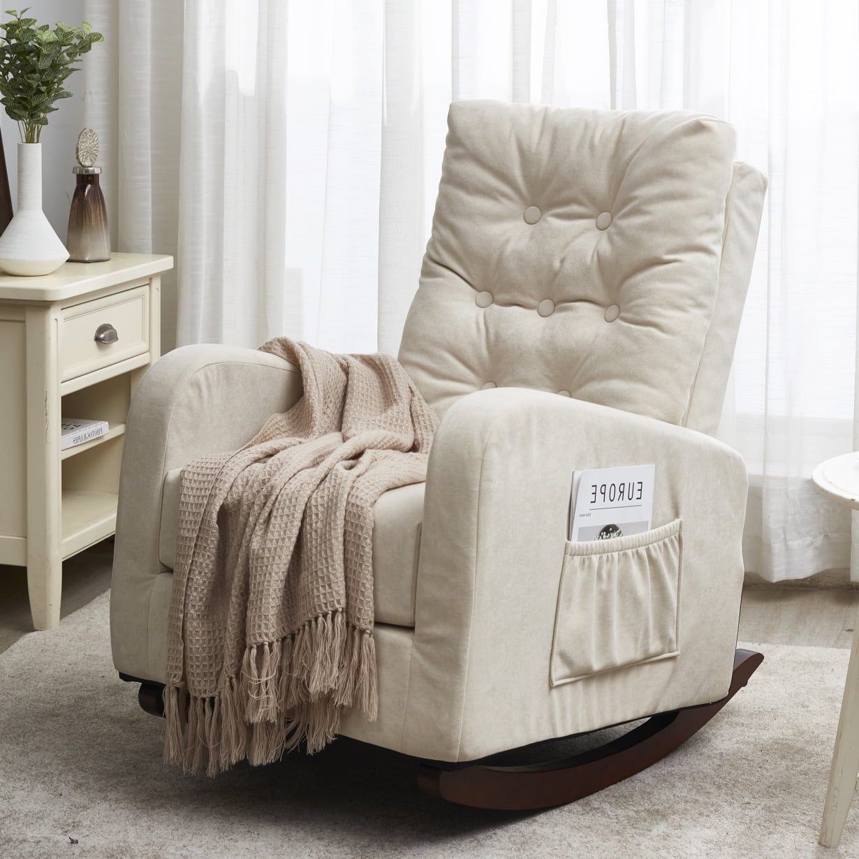 Folding Accent Chair with Pocket, Modern High Back Armchair for Kids and Adults, Fabric Leisure Recliner with High Back, Reading Rocking Chair with Wooden Legs for Living Room, Beige