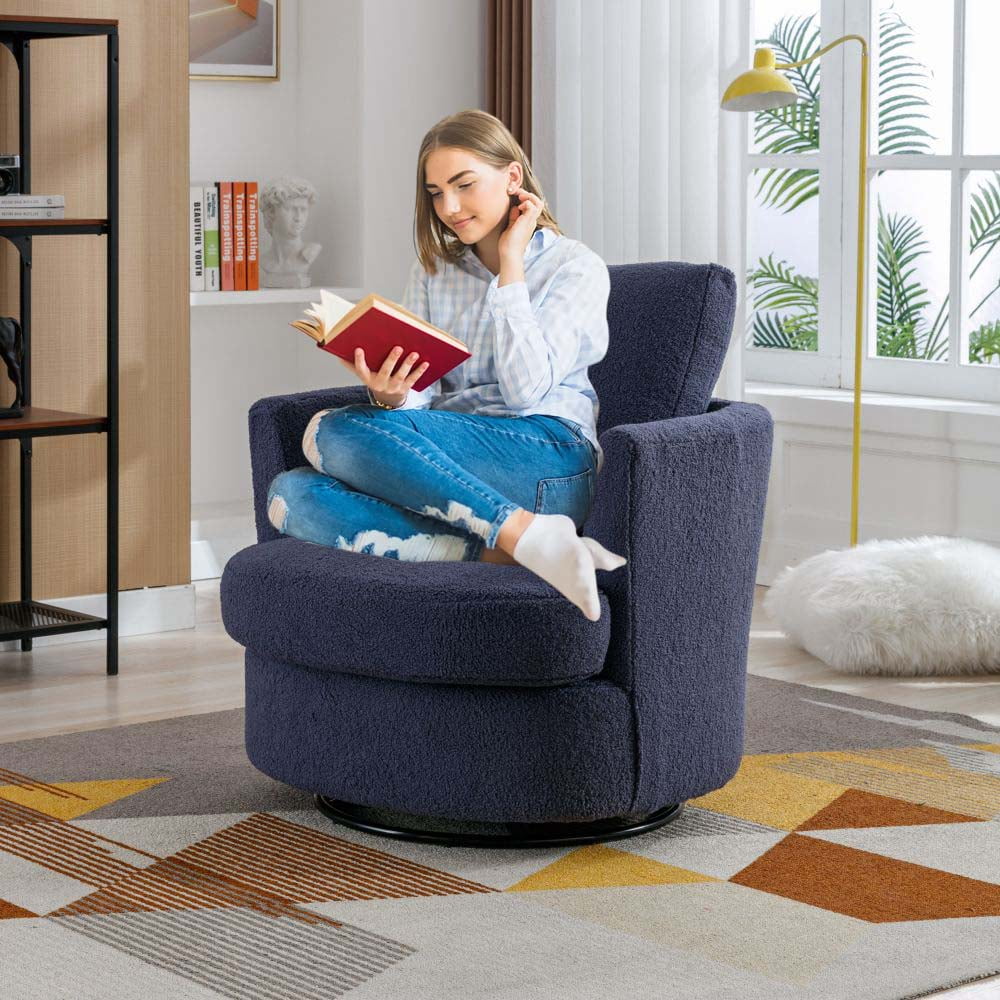 Furnian 31.9'W Swivel Accent Barrel Chair Boucle Round Accent Sofa Chair Leisure Arm Chair for Living Room Nursery Club, Navy
