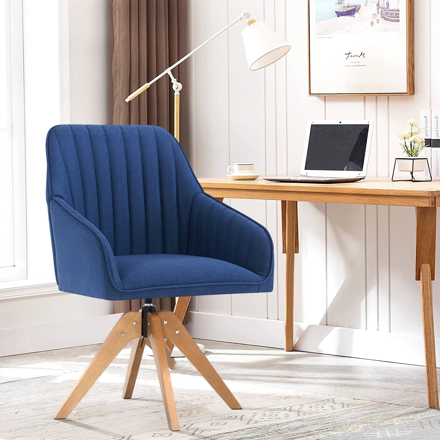 Furniliving Faux Linen Mid Century Swivel Armchair Upholstered Tufted Accent Chair,Dark Blue