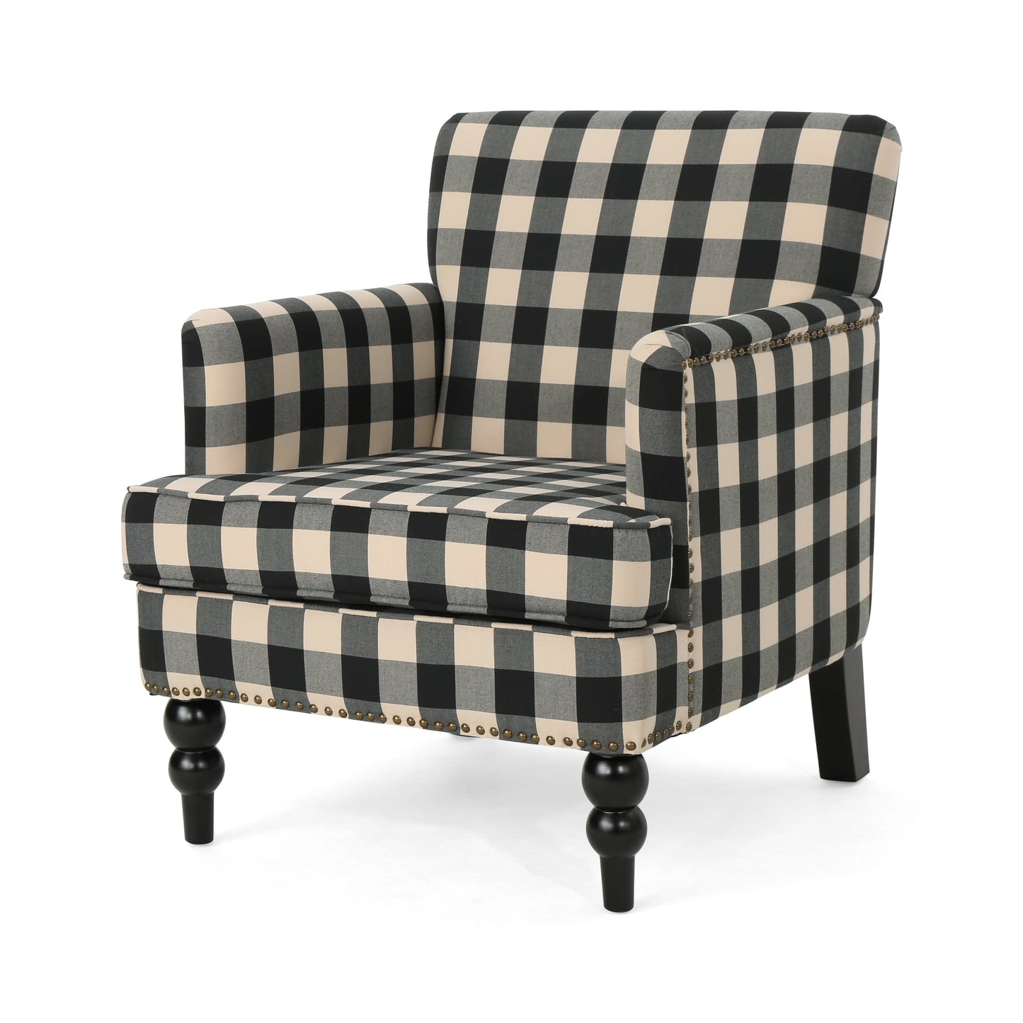 GDF Studio Eve Contemporary Fabric Upholstered Club Chair with Nailhead Trim, Black Checkerboard