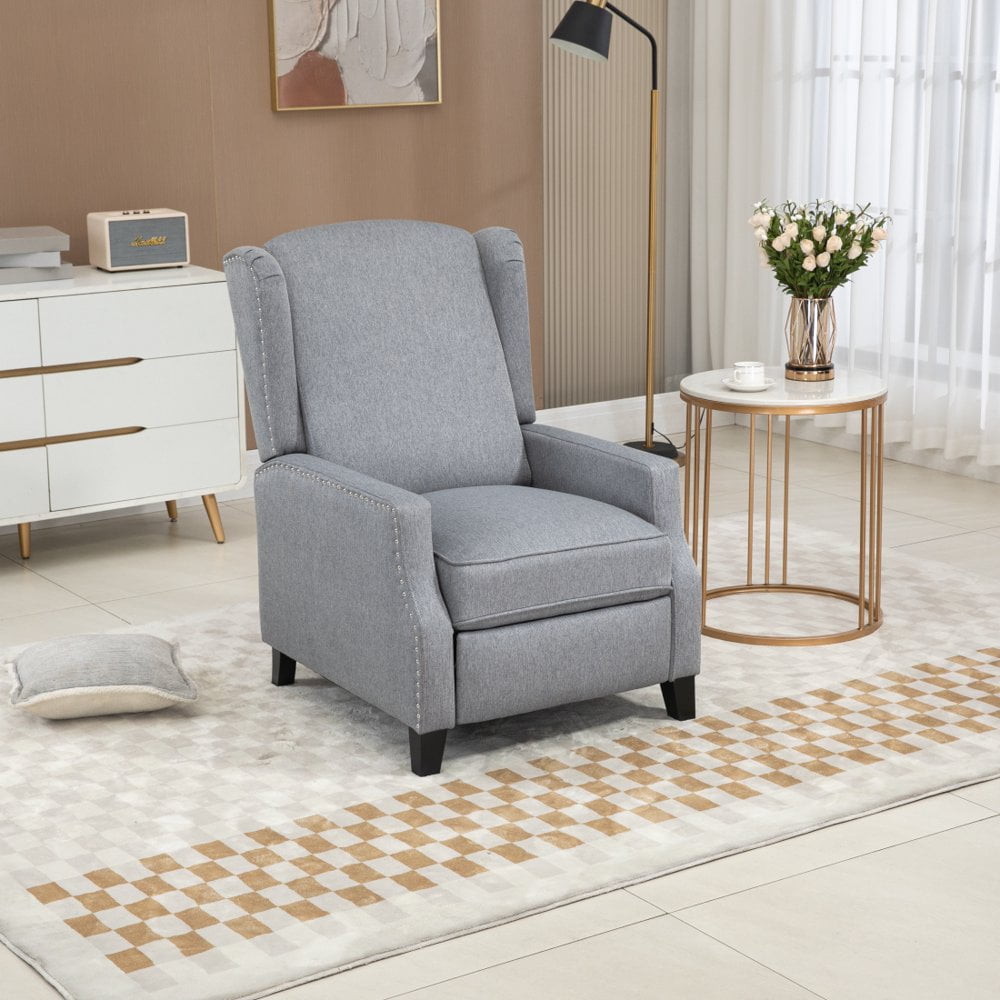 GZXS Wingback Push Back Recliner Chair Living Room Chair, Upholstered Fabric Armchair, Single Reclining Sofa Chair, Wood Legs and Nailhead Trim for Home Theater/Bedroom, Gray