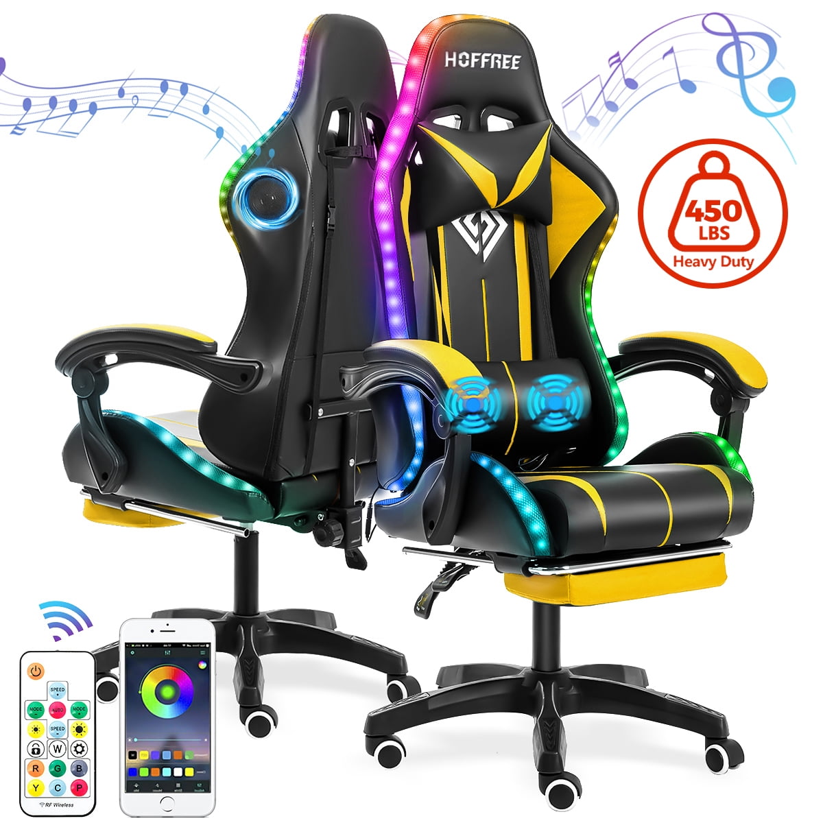 Gaming Chair with Bluetooth Speaker, Ergonomic Massage Racing Chair with RGB Lights, Footrest and Lumbar Support, High Back Office Chair, Heavy Duty Design Gaming Computer Chair