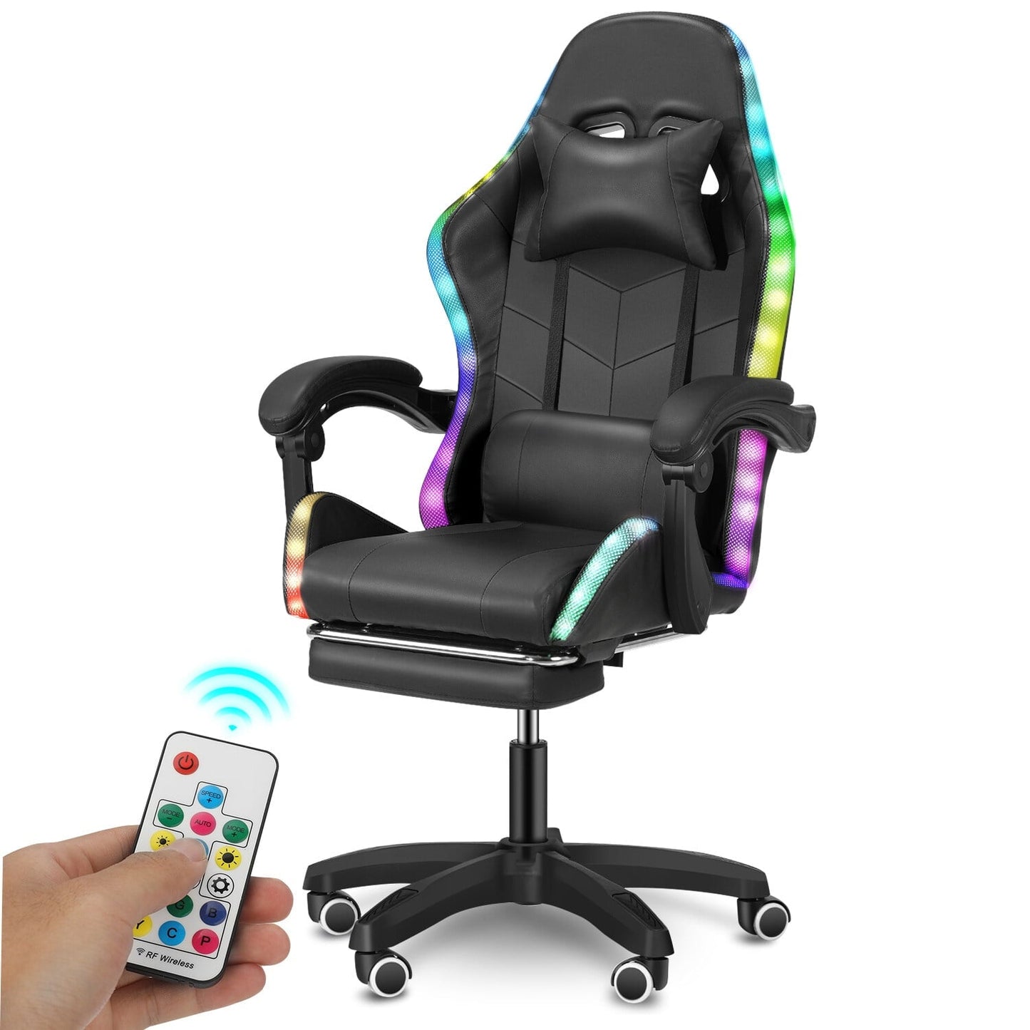 Gaming Chair with RGB LED Light, Oyajia PU Leather Office Chair with Footrest & Adjustable Headrest, Black