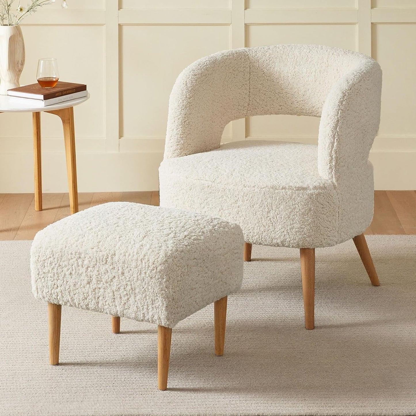 Gericco Accent Chair with Ottoman, Soft Teddy Fleece Armchair, Comfortable Reading Lounge Chair with Wooden Legs, for Living Room, Bedroom, Reading Room (Beige)