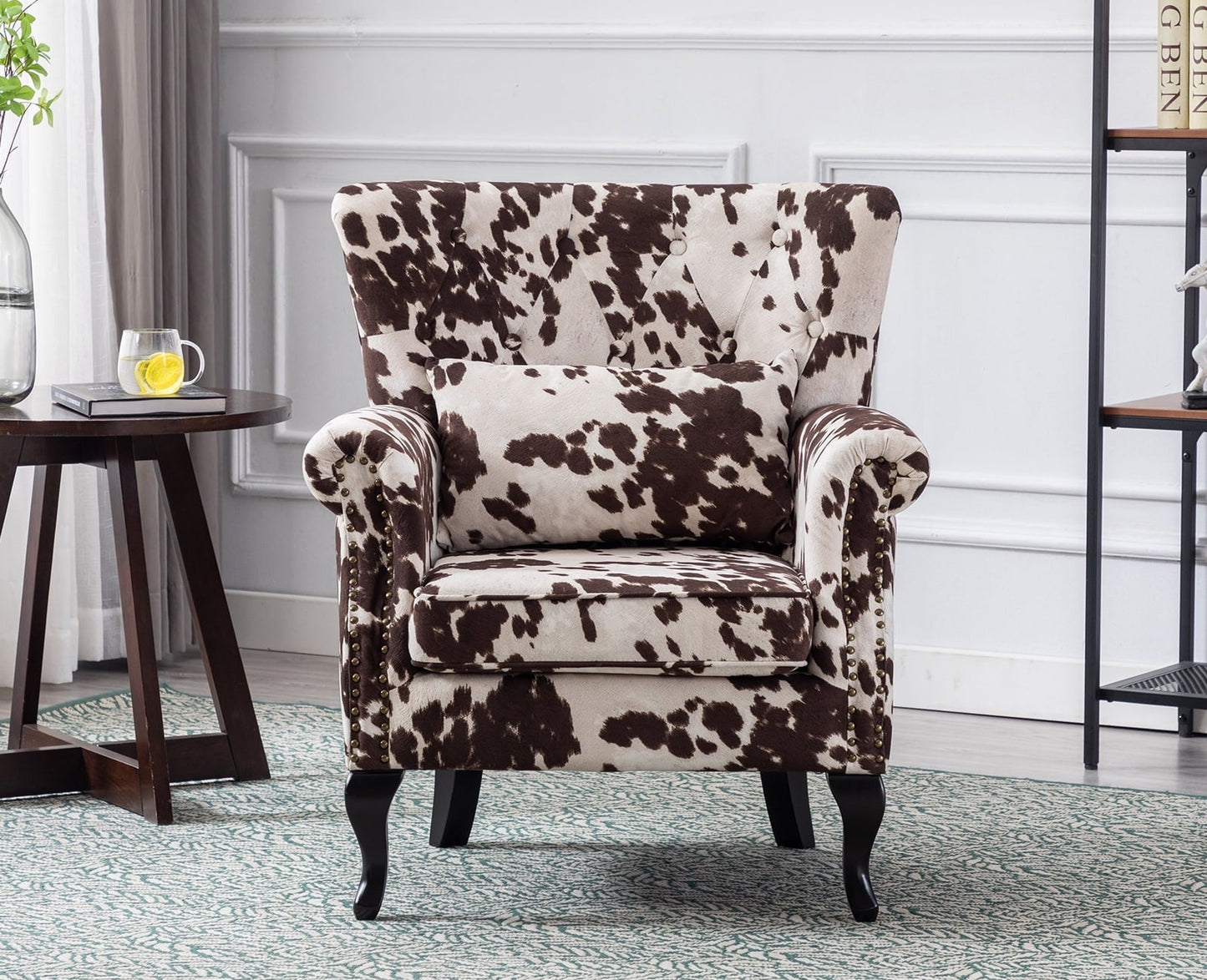 Guyou Mid Century Accent Chair Modern Button Tufted Armchair Wingback Club Chair Velvet Single Sofa Lounge Chair with Pillow for Living Room Bedroom, Cow