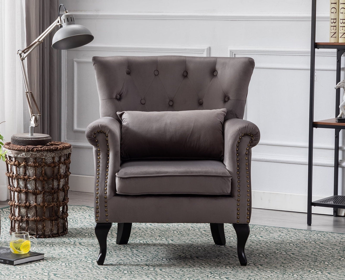 Guyou Mid Century Accent Chair Modern Button Tufted Armchair Wingback Club Chair Velvet Single Sofa Lounge Chair with Pillow for Living Room Bedroom, Grey