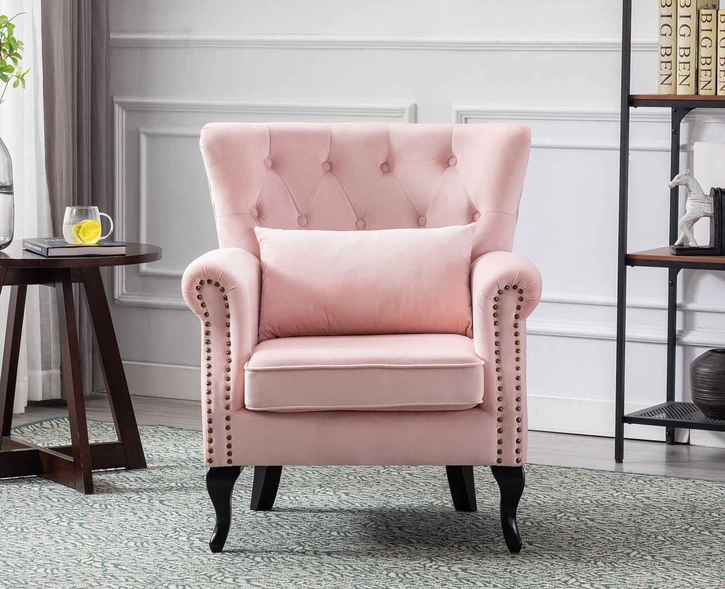 Guyou Mid Century Accent Chair Modern Button Tufted Armchair Wingback Club Chair Velvet Single Sofa Lounge Chair with Pillow for Living Room Bedroom, Pink