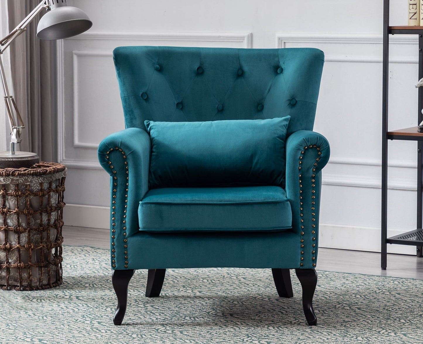 Guyou Mid Century Accent Chair Modern Button Tufted Armchair Wingback Club Chair Velvet Single Sofa Lounge Chair with Pillow for Living Room Bedroom, Teal Blue