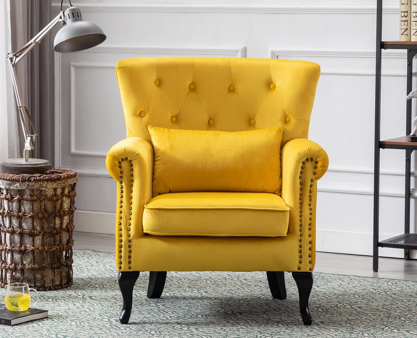 Guyou Mid Century Accent Chair Modern Button Tufted Armchair Wingback Club Chair Velvet Single Sofa Lounge Chair with Pillow for Living Room Bedroom, Yellow
