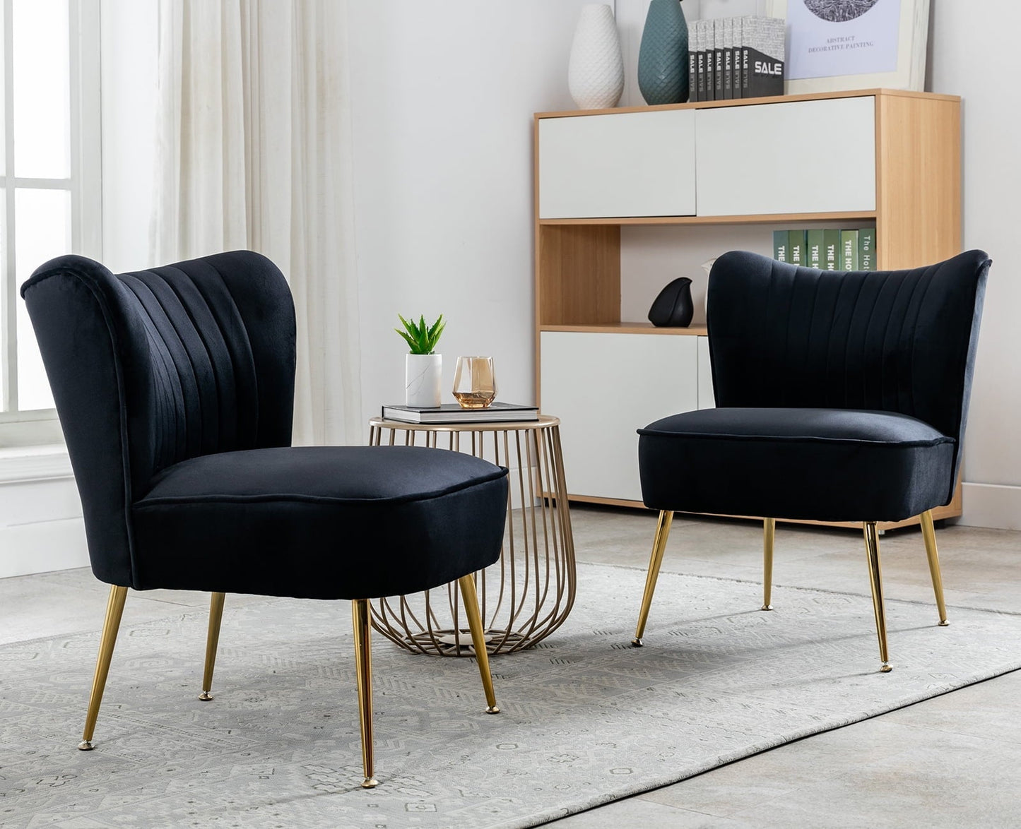 Guyou Modern Accent Chair Set of 2, Armless Slipper Chair Velvet Upholstered Lounge Chair, Wingback Large Single Sofa Side Chair with Gold Legs for Living Room Bedroom, Black