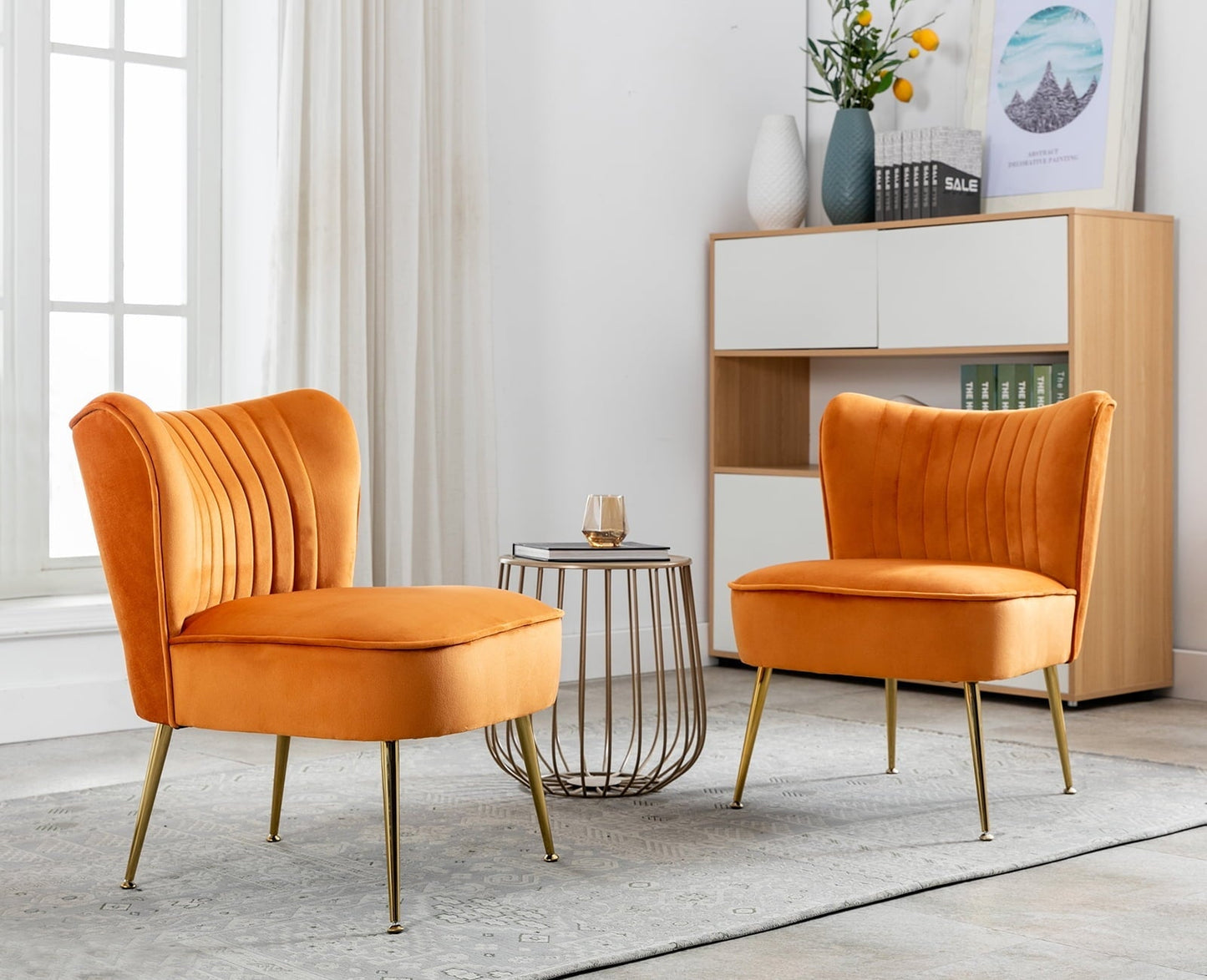 Guyou Modern Accent Chair Set of 2, Armless Slipper Chair Velvet Upholstered Lounge Chair, Wingback Single Sofa Side Chair with Gold Legs for Living Room Bedroom, Orange