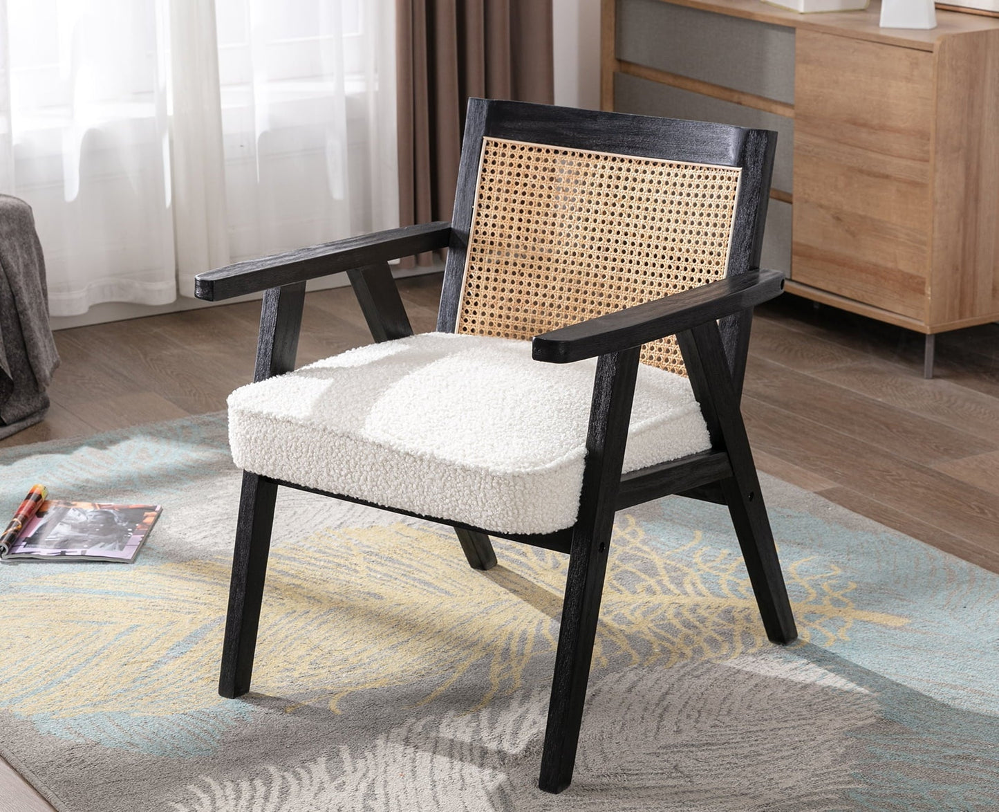 Guyou Modern Rattan Accent Chair, Mid-century French Farmhouse Upholstered Solid Wood Armchair Reading Chair, Retro Dining Chair with Woven Back and Black Base, White Fabric